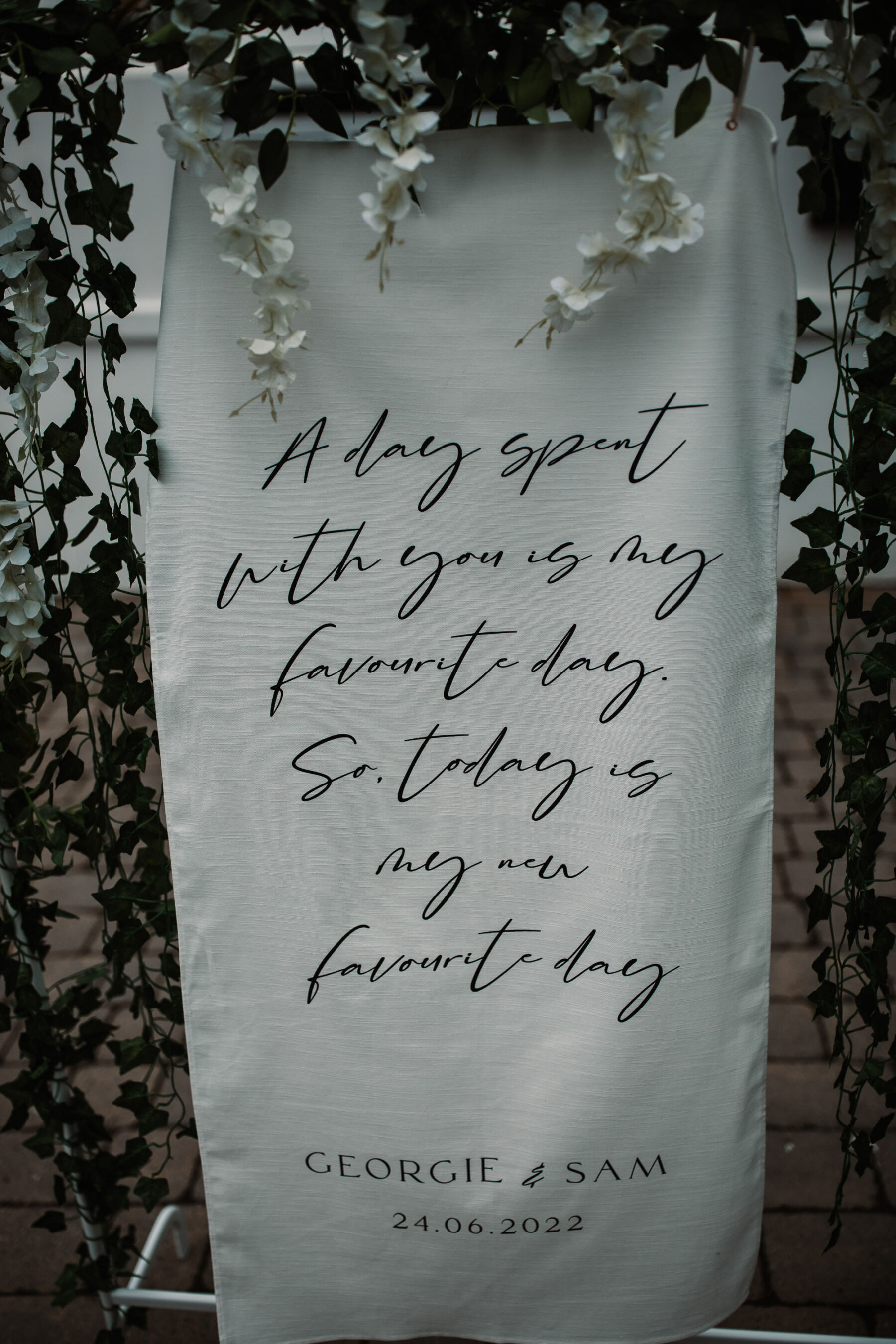 A Devon Wedding with a Sea View for Georgie in Grace Loves Lace 6 Wedding banner - calligraphy on linen