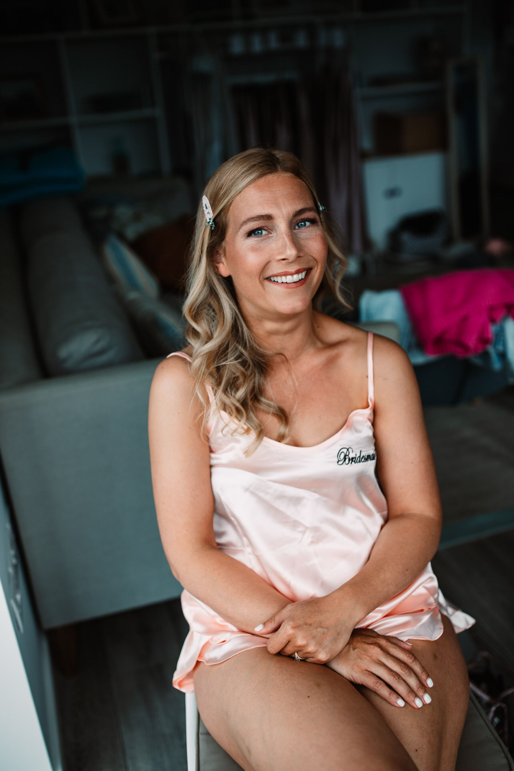 A Devon Wedding with a Sea View for Georgie in Grace Loves Lace 11 Bridesmaid getting ready in cute pink pyjamas