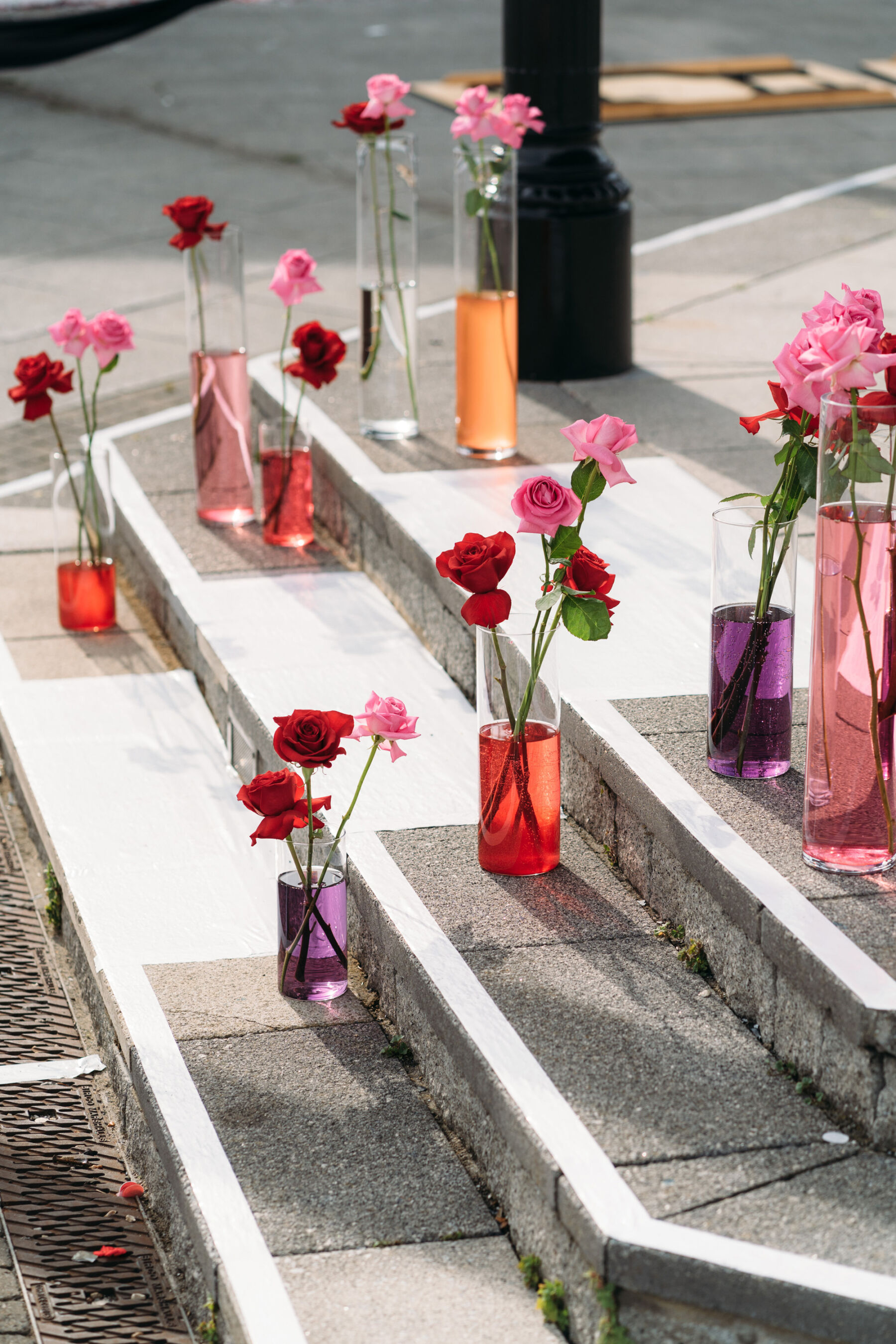 Flowers with coloured water positioned on the concrete stairs at the Oval Bandstand in Margate. Joanna Bongard Photography.
