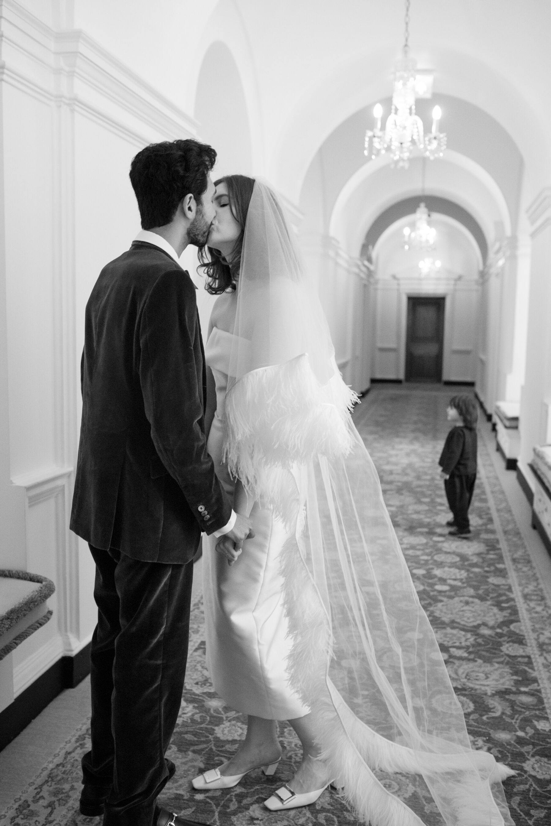 Bride and groom embracing at The Ned, London