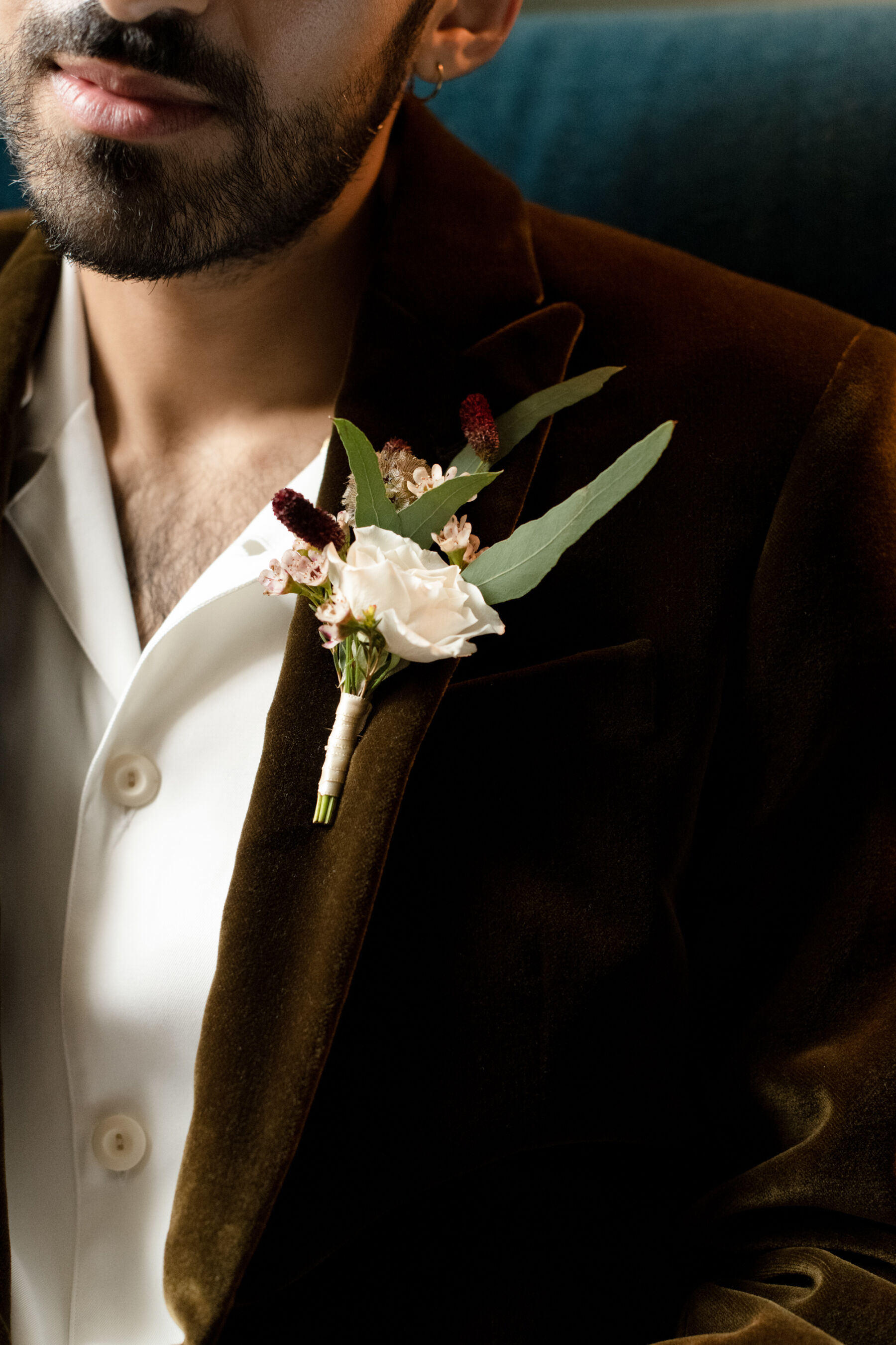 Brown velvet Favourbrook suit from Mr Porter. Sandro Shirt.