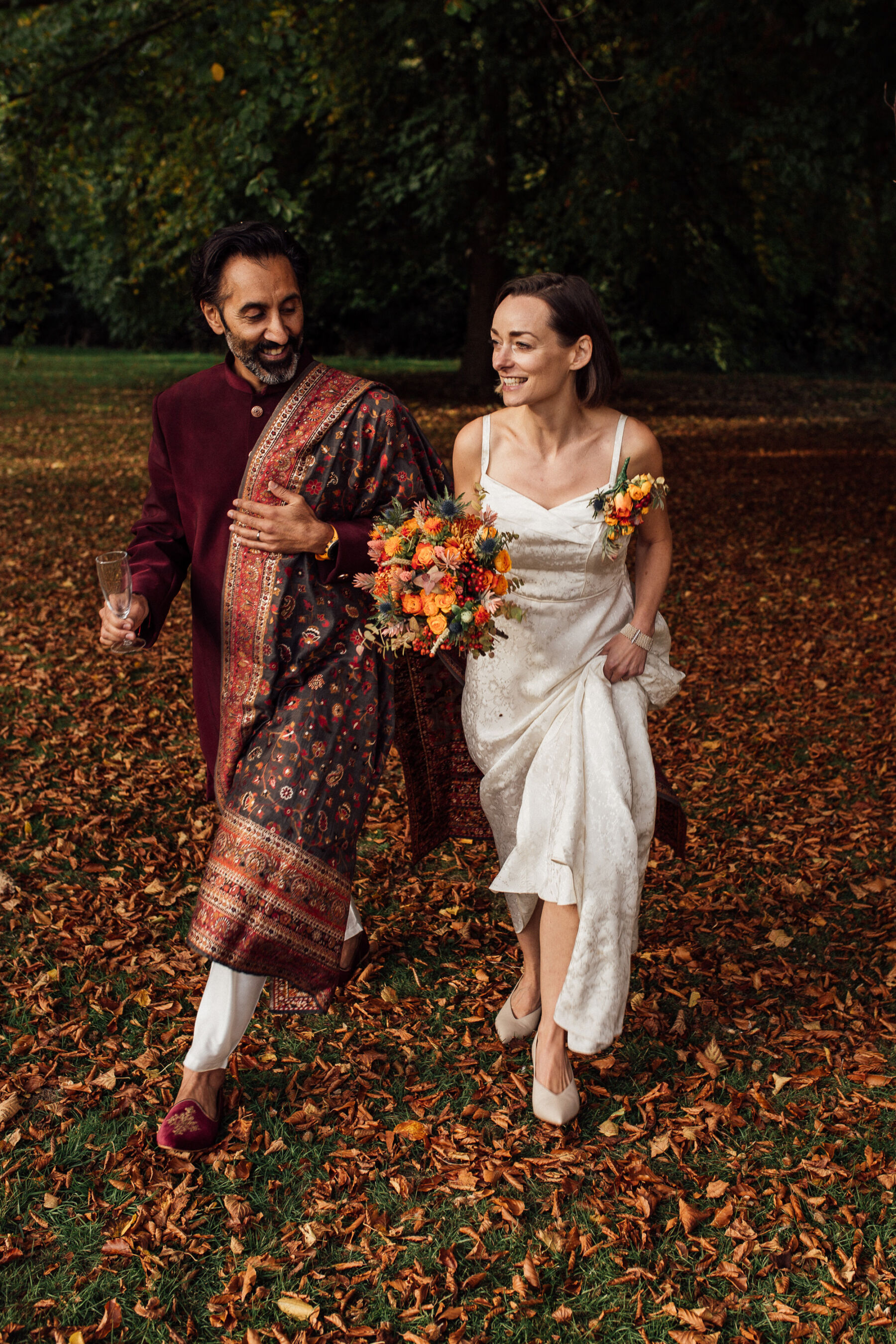 Bride and groom at their Autumn wedding at Barton Hall.