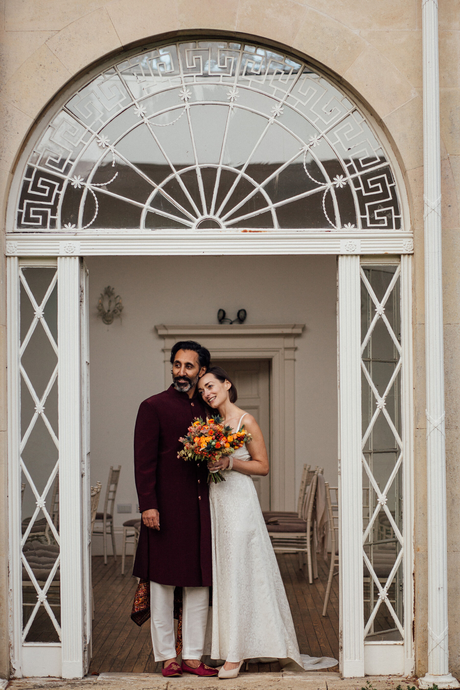 Bride and groom at The Orangery at Barton Hall.