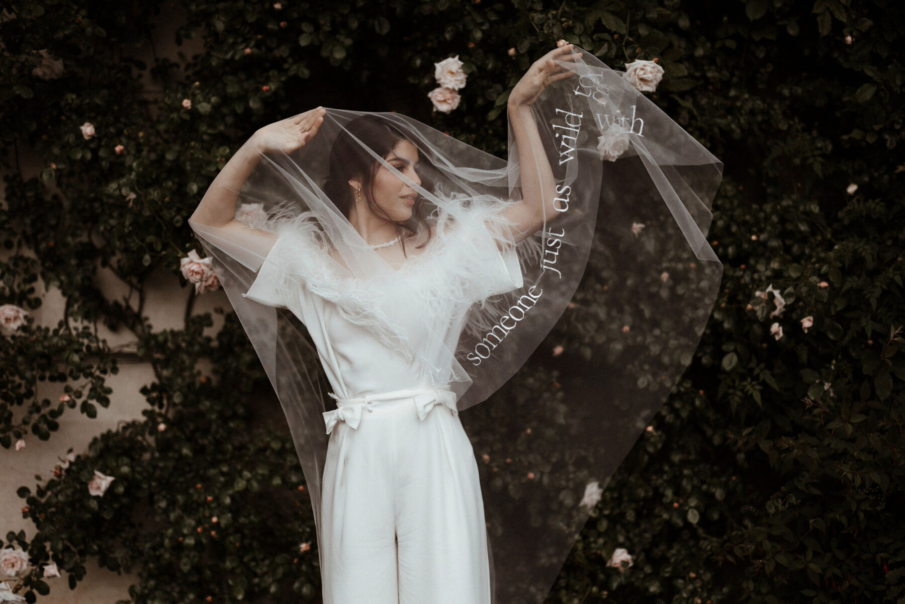 Wilden London bridal trousers + embroidered veil by Rebecca Anne Designs