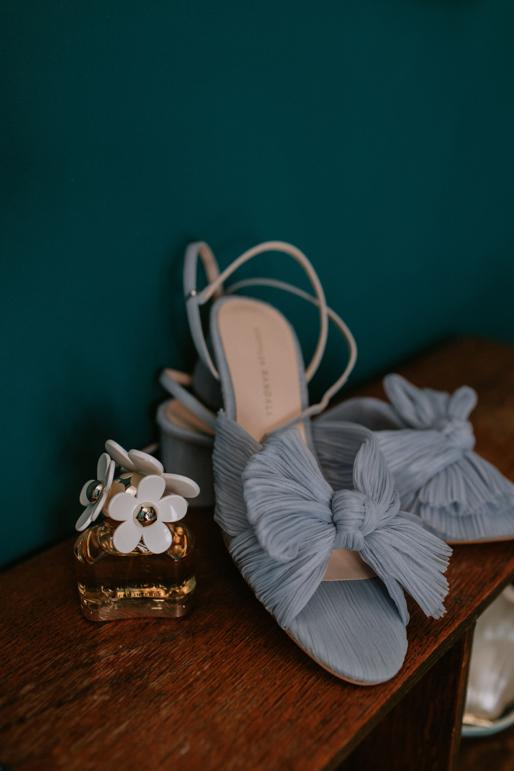 Pale blue Loeffler Randall wedding shoes.