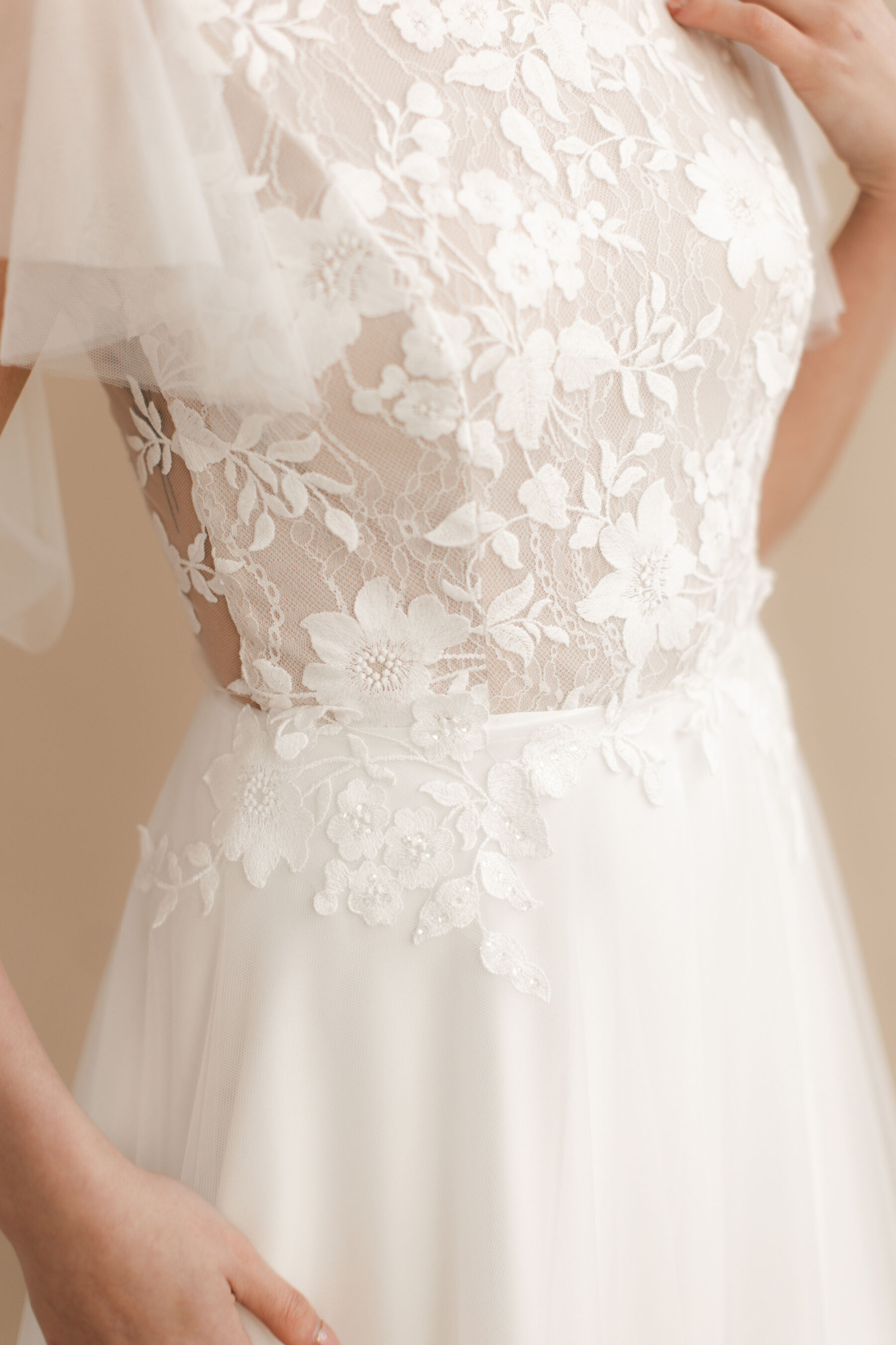 Kate Fearnley wedding dress - tulle sleeves and floral bodice