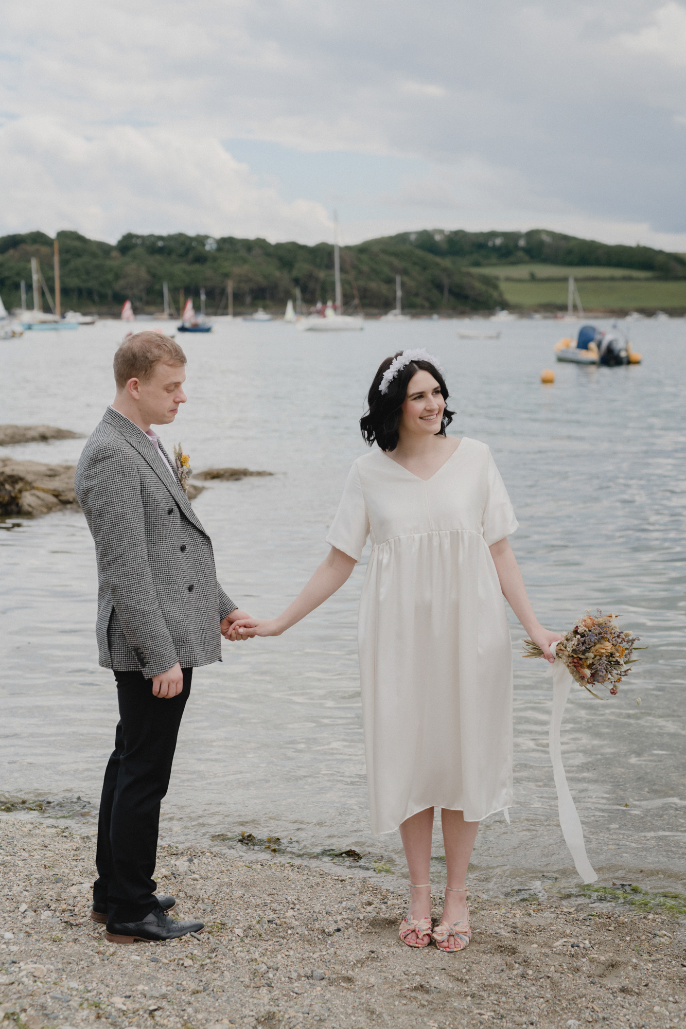 Bride in mid length wedding dress
