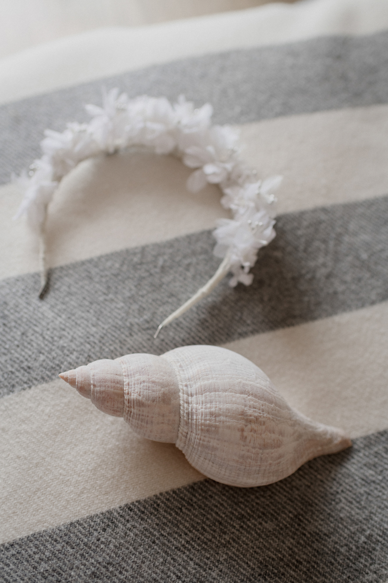 A shell next to a pretty floral headband.