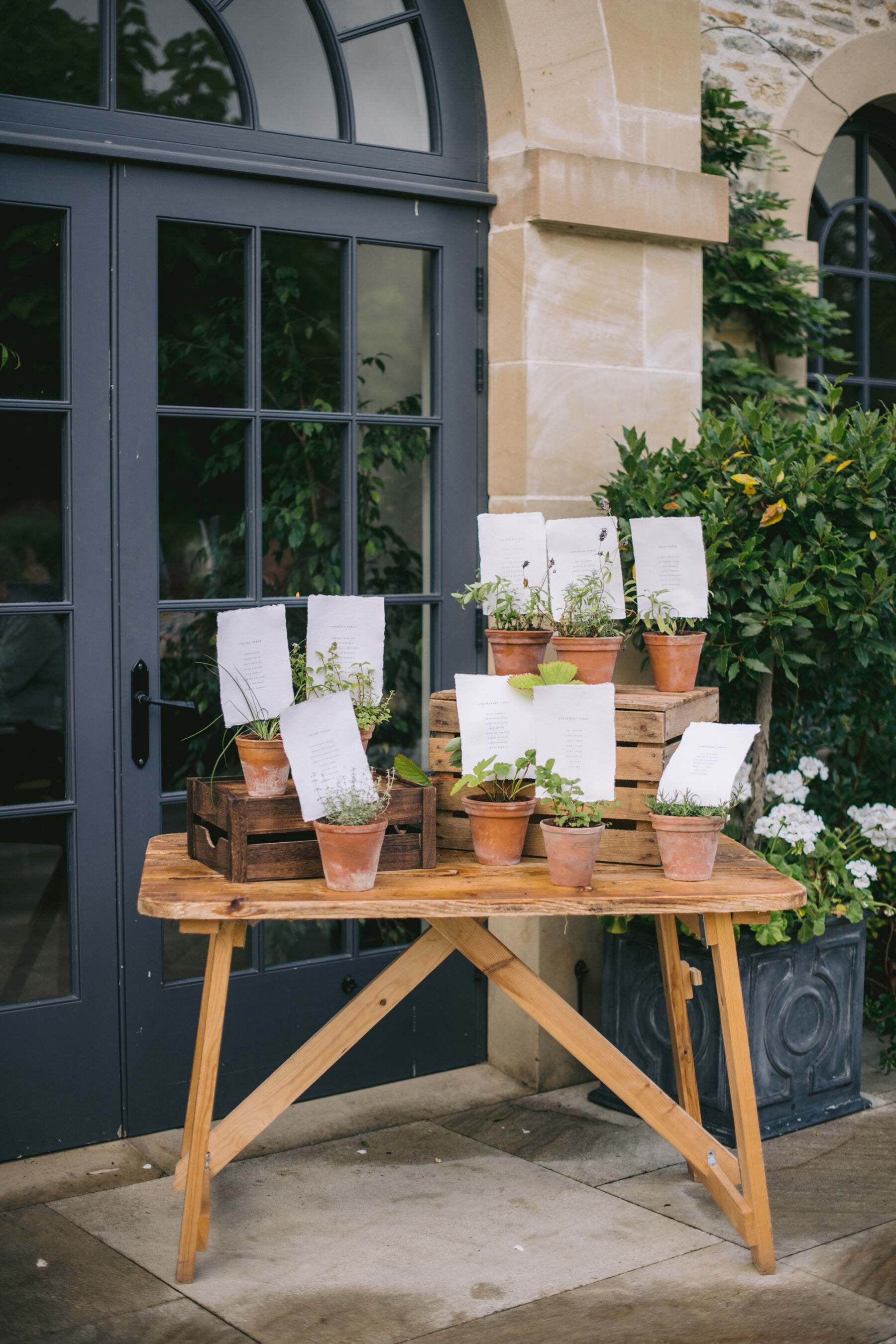 Potted plants with wedding table names in them.