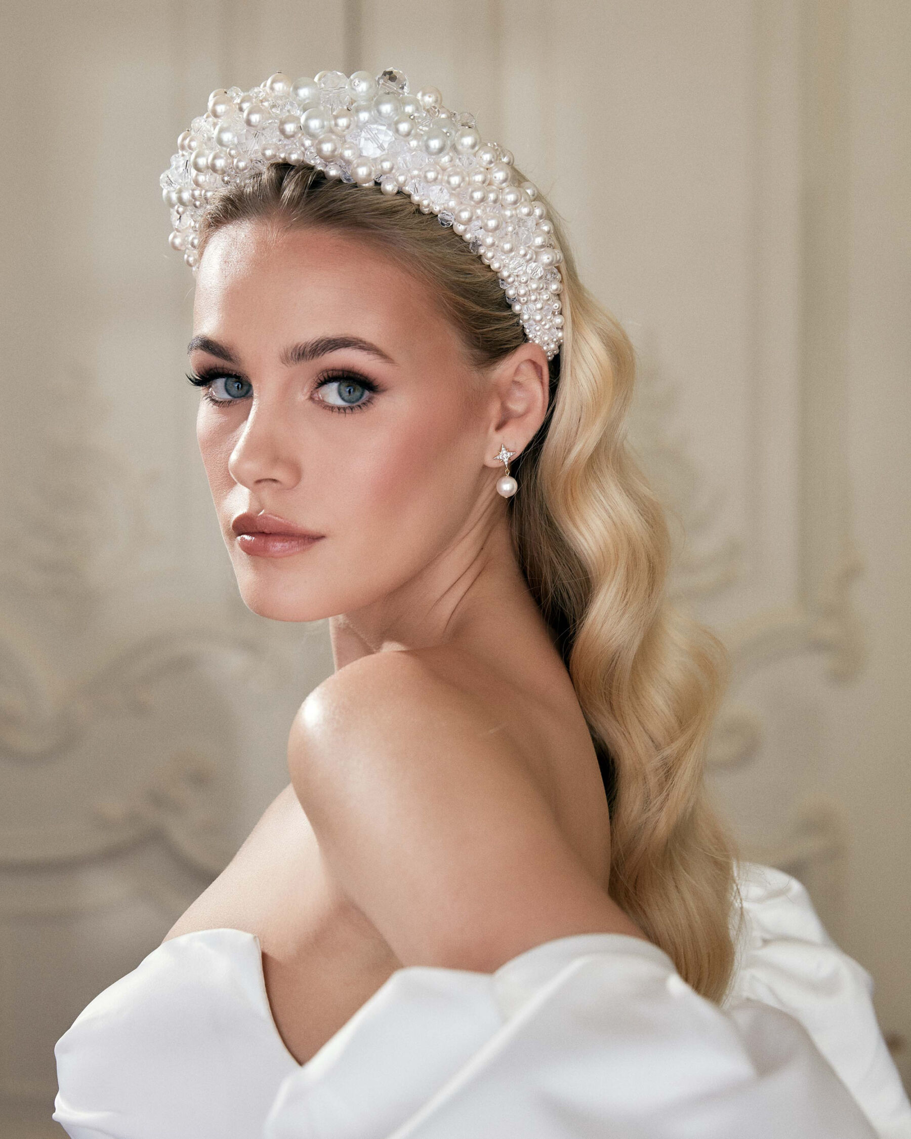 Victoria Percival pearl halo bridal headpiece