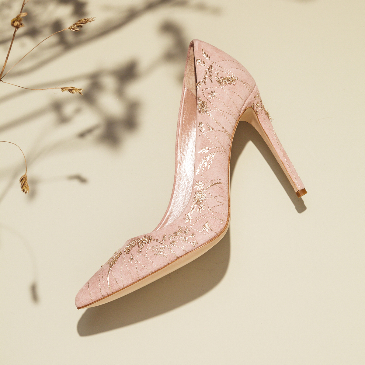 Pink suede wedding shoes, Emmy London.
