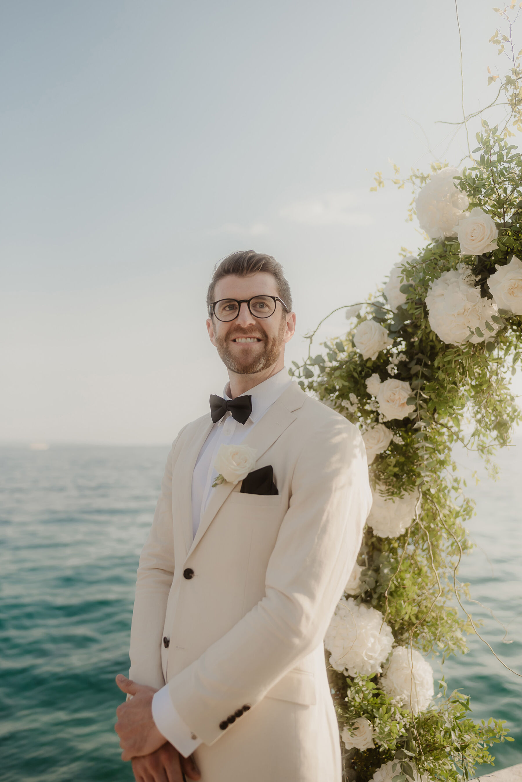 Sarah in Eva Lendel for her Classy & Contemporary Wedding in Croatia 24 Groom in white tux
