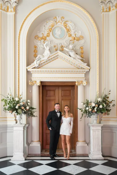 A bride & groom pose in front of an ornate doorway inside Orleans House Gallery. Two garden urns full of flowers frame them.