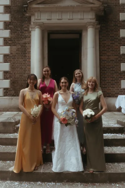 A bride and her bridesmaids stand on the steps of the church, each holding their bouquets