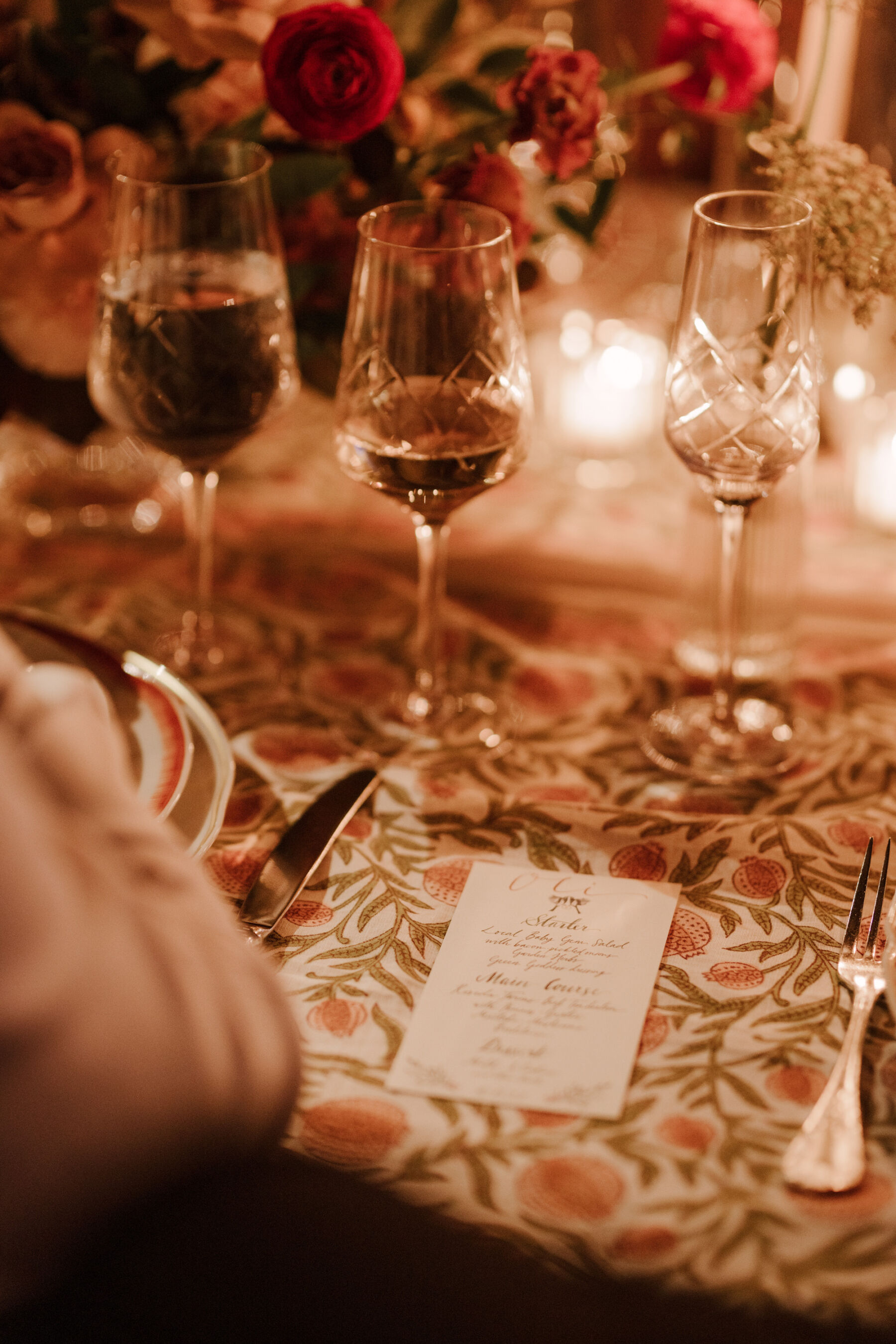 Katie in Sally Bean Couture for her American Wedding Inspired by the Whimsical English Countryside 50 Romantic candlelit wedding reception table decor. Warm light.