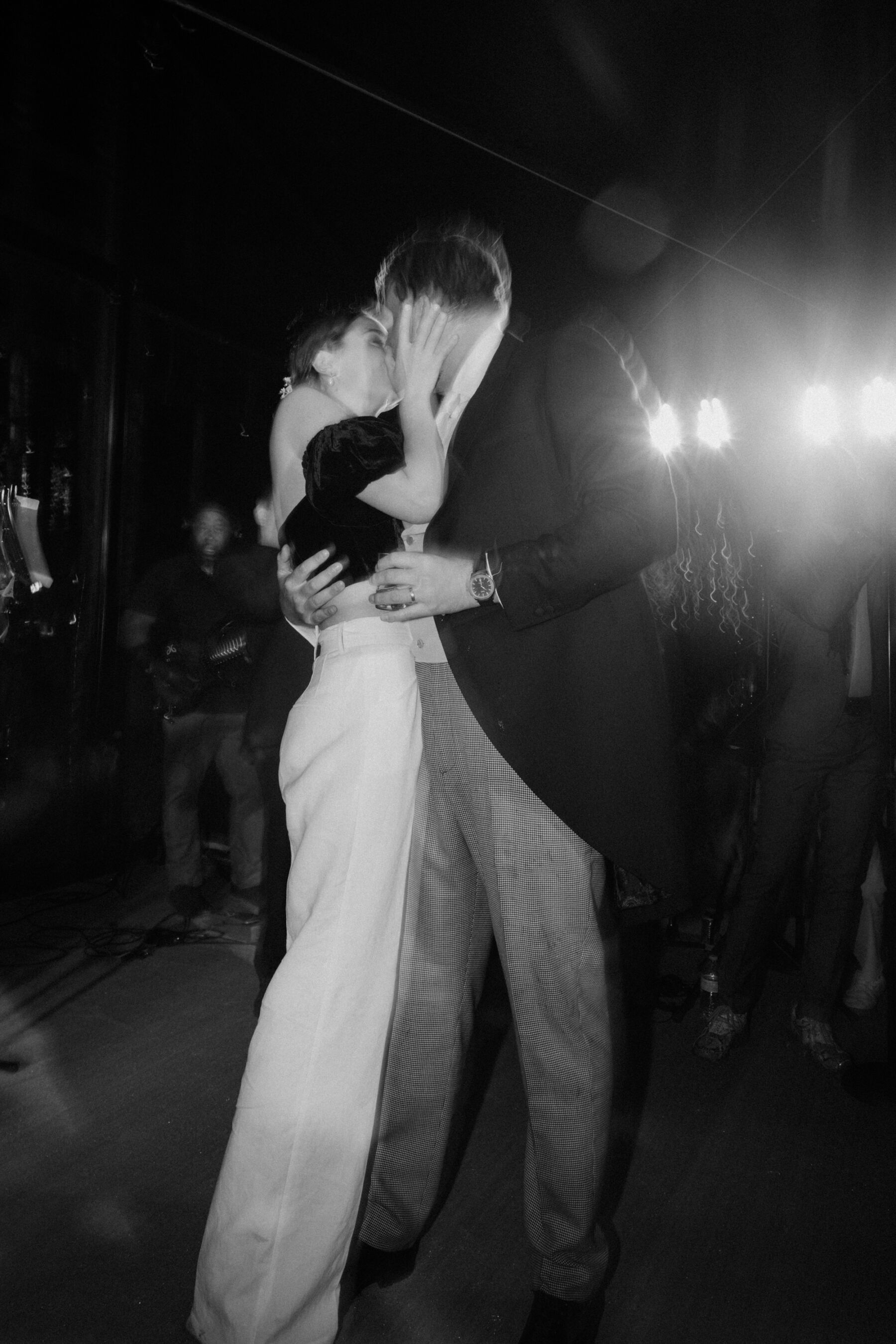 Katie in Sally Bean Couture for her American Wedding Inspired by the Whimsical English Countryside 56 Bride changes into trousers and a frilly black top to hit the dancefloor