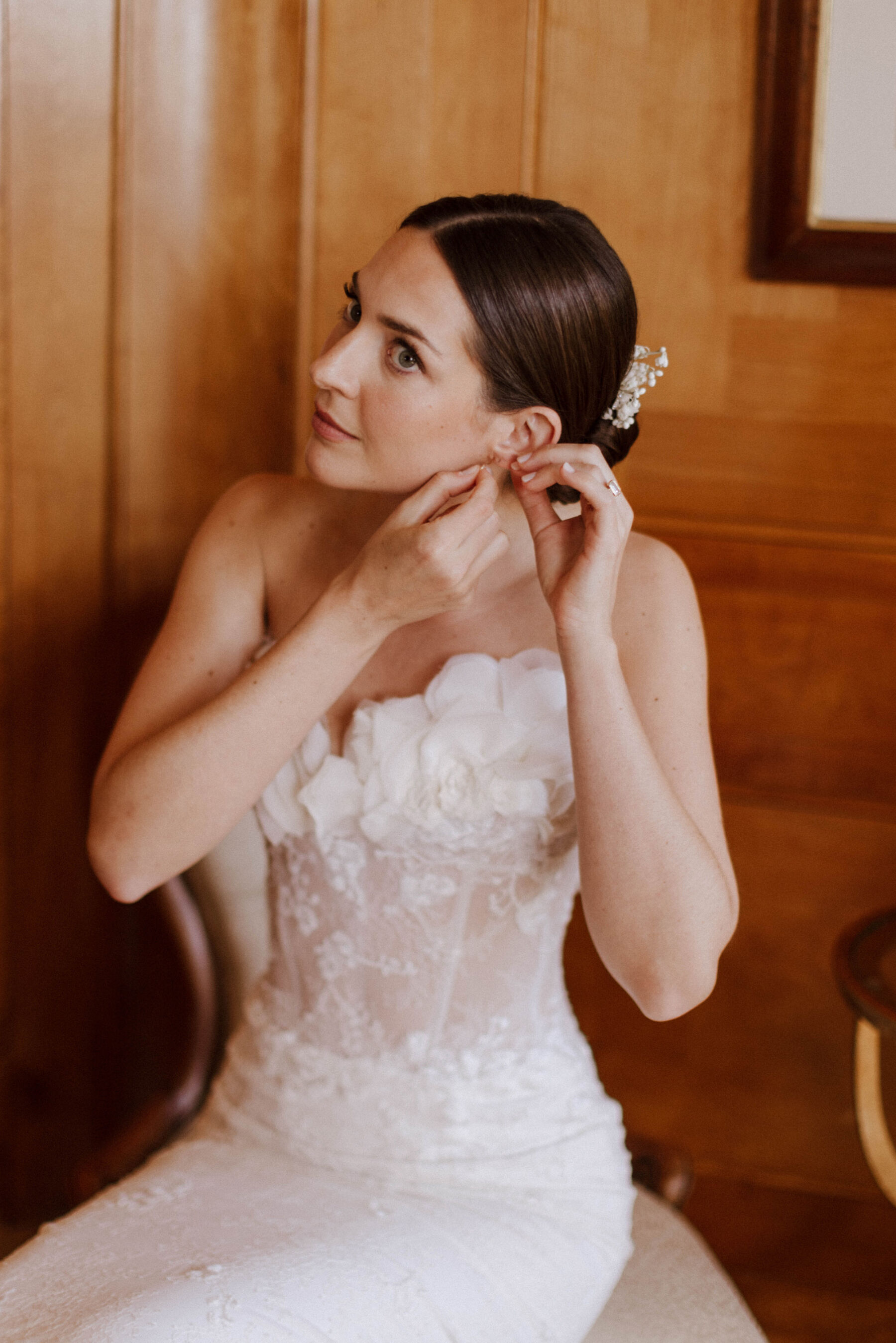 Katie in Sally Bean Couture for her American Wedding Inspired by the Whimsical English Countryside 10 Bride getting ready in her Sally Bean Couture wedding dress.