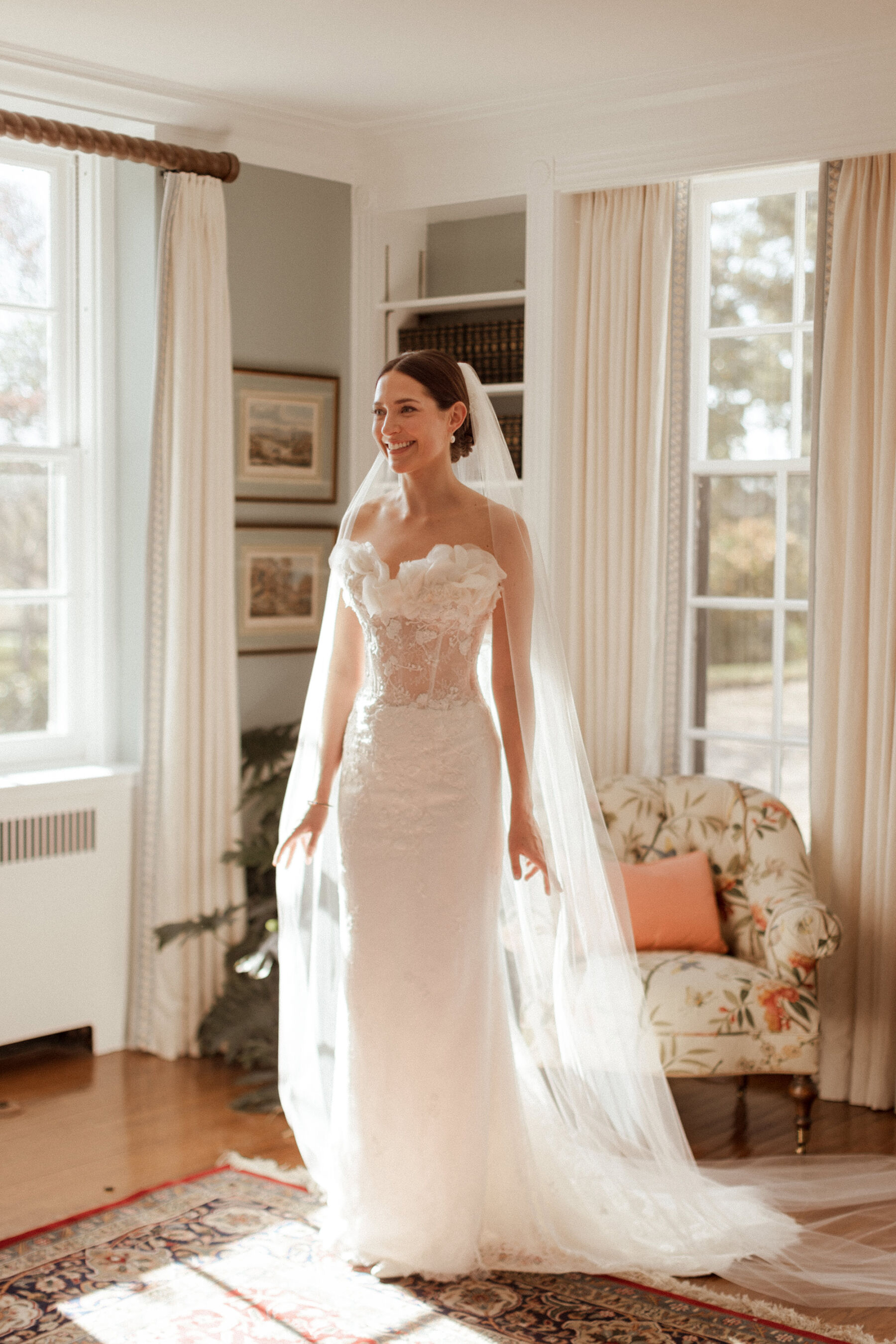Bride wearing a bespoke Sally Bean Couture wedding dress.