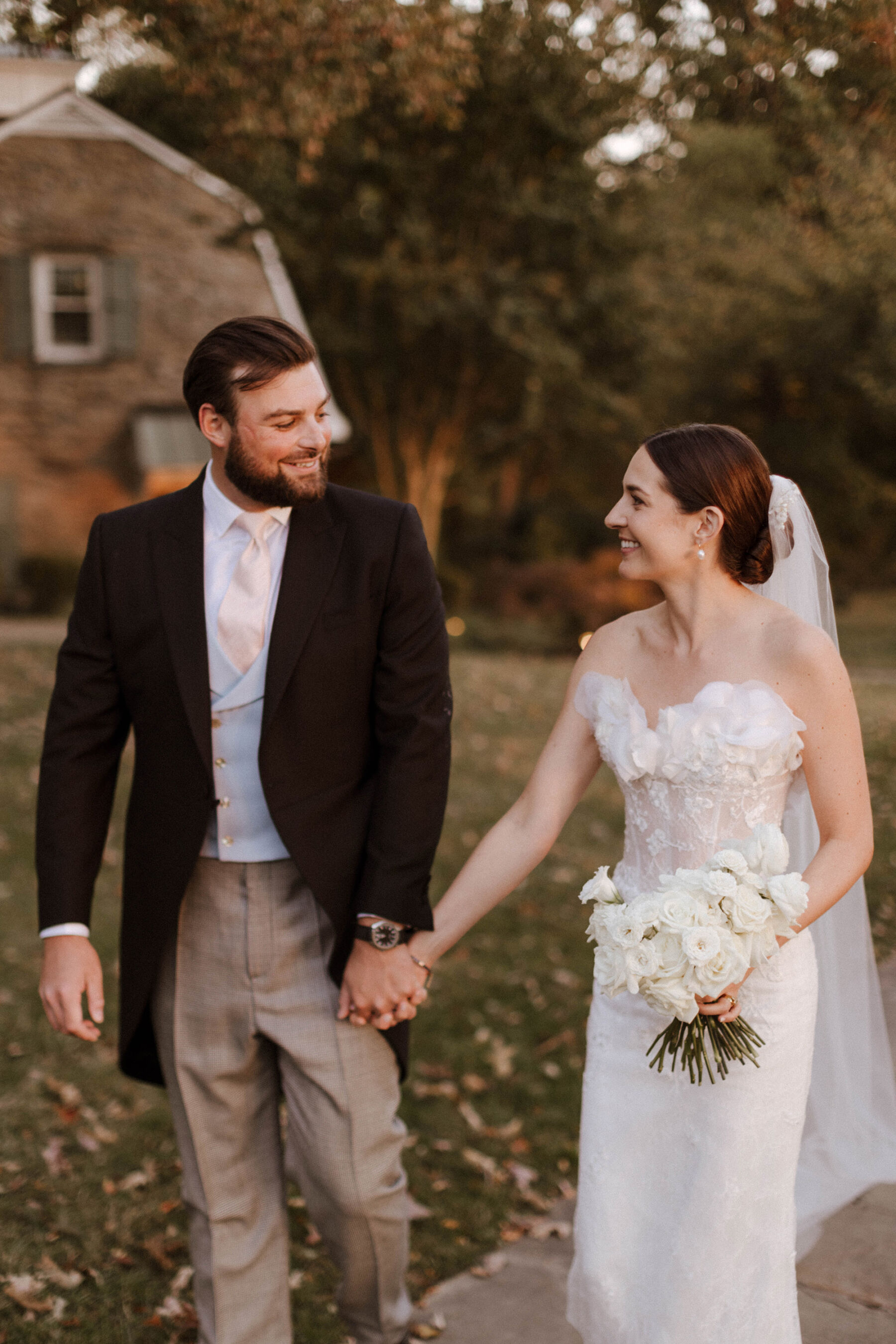 Sally Bean Couture wedding dress and veil and groom in traditional tails