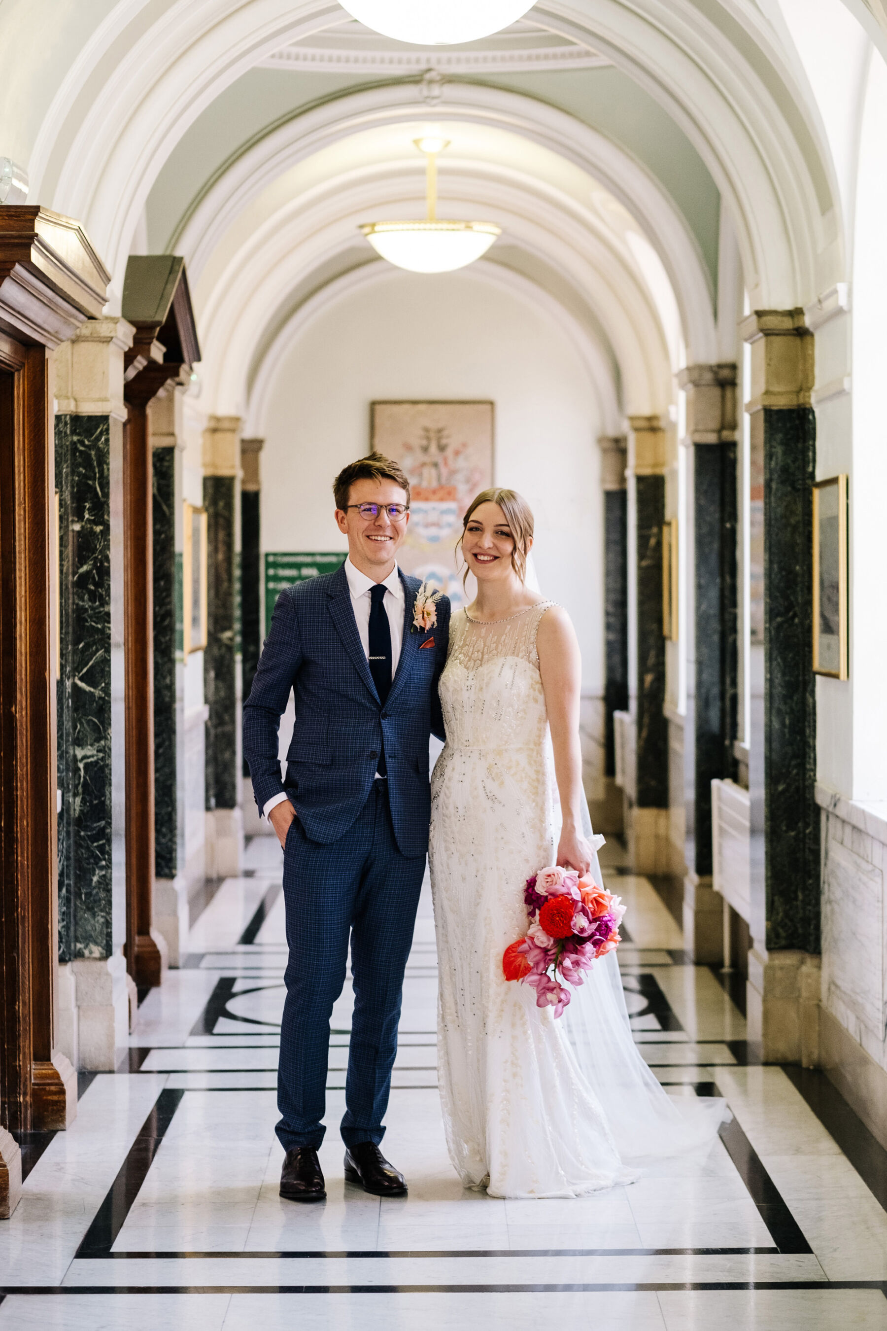 Bride wear a Jenny Packham dress inside Islington Town Hall