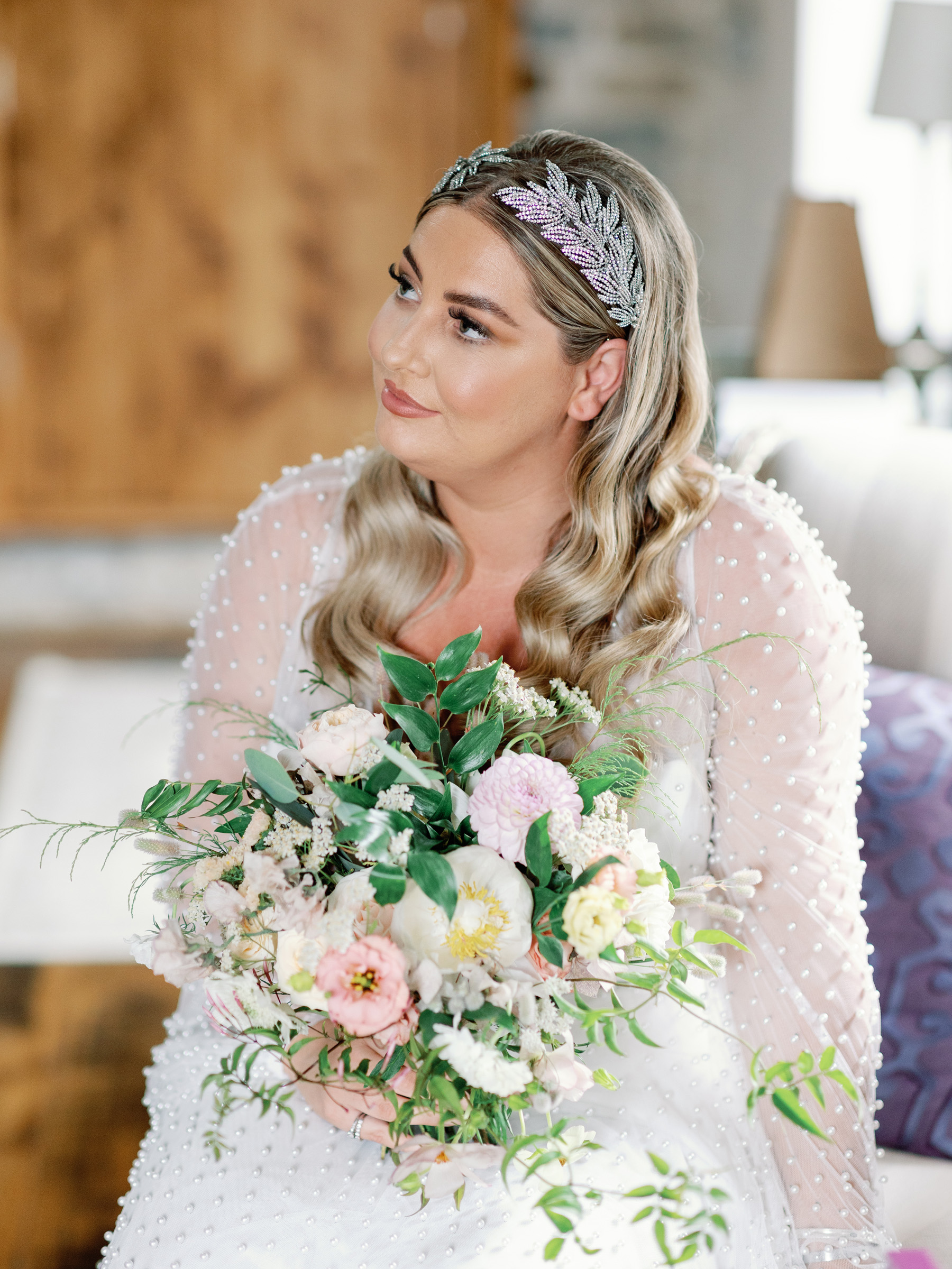 Pearl wedding dress by Willowby by Watters and elegant headpiece by Botias Accessories