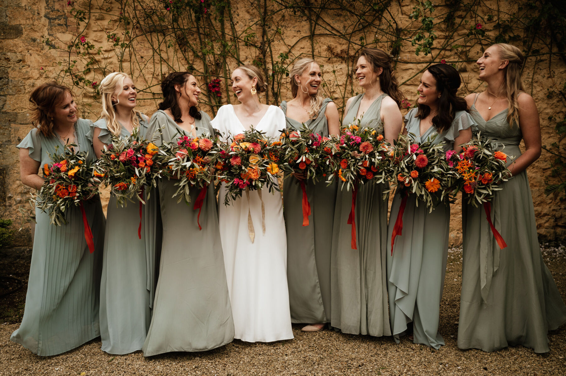 Bridesmaids in sage green dresses