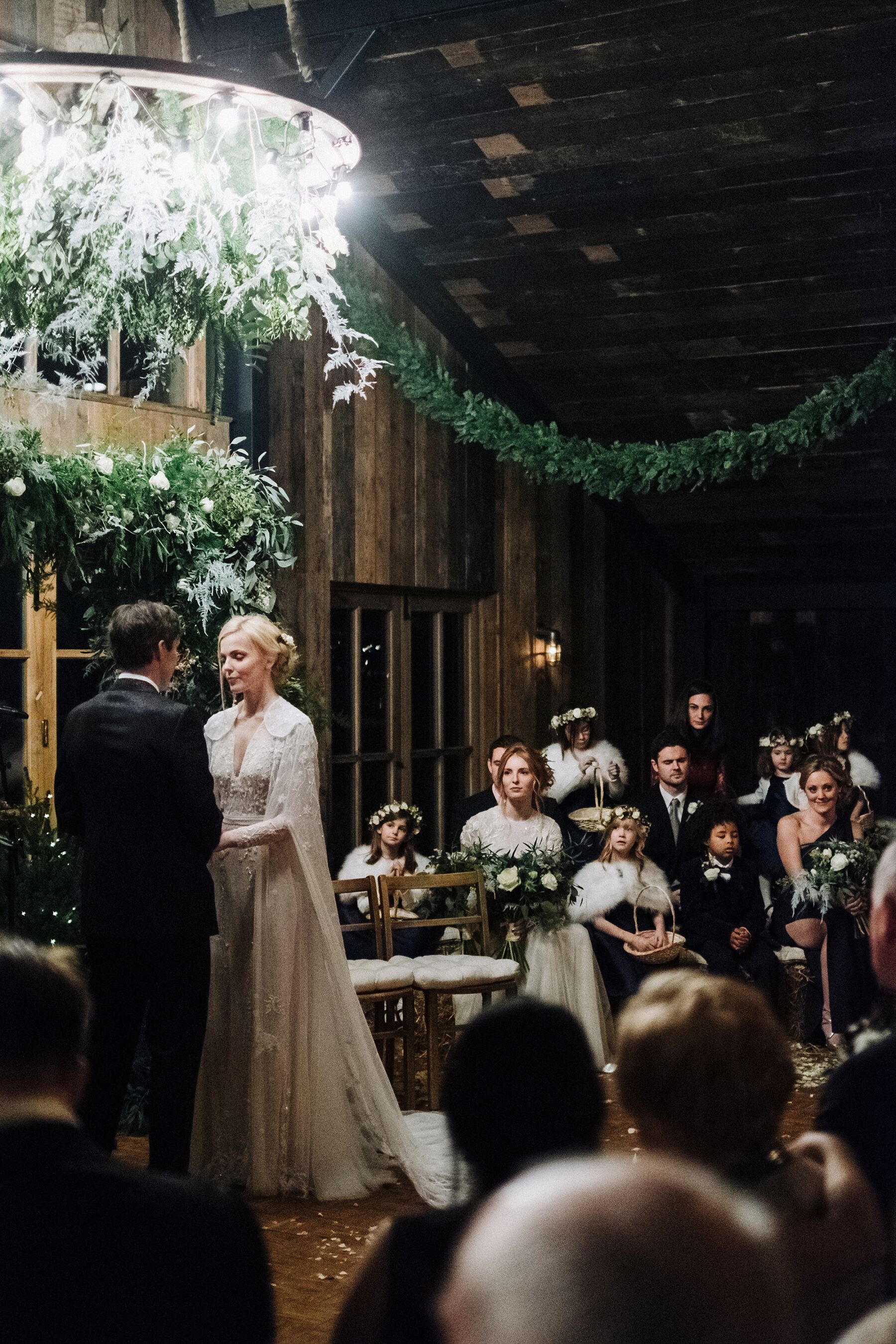 Bride in Hermione de Paula cape, Soho Farmhouse Wedding, by Claudia Rose Carter Photography.