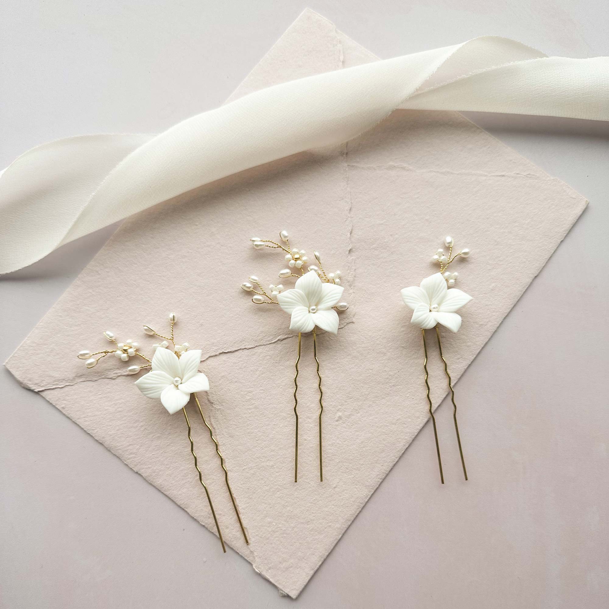Clay Flower And Pearl Wedding Hair Pin (X3) - 'Esme'