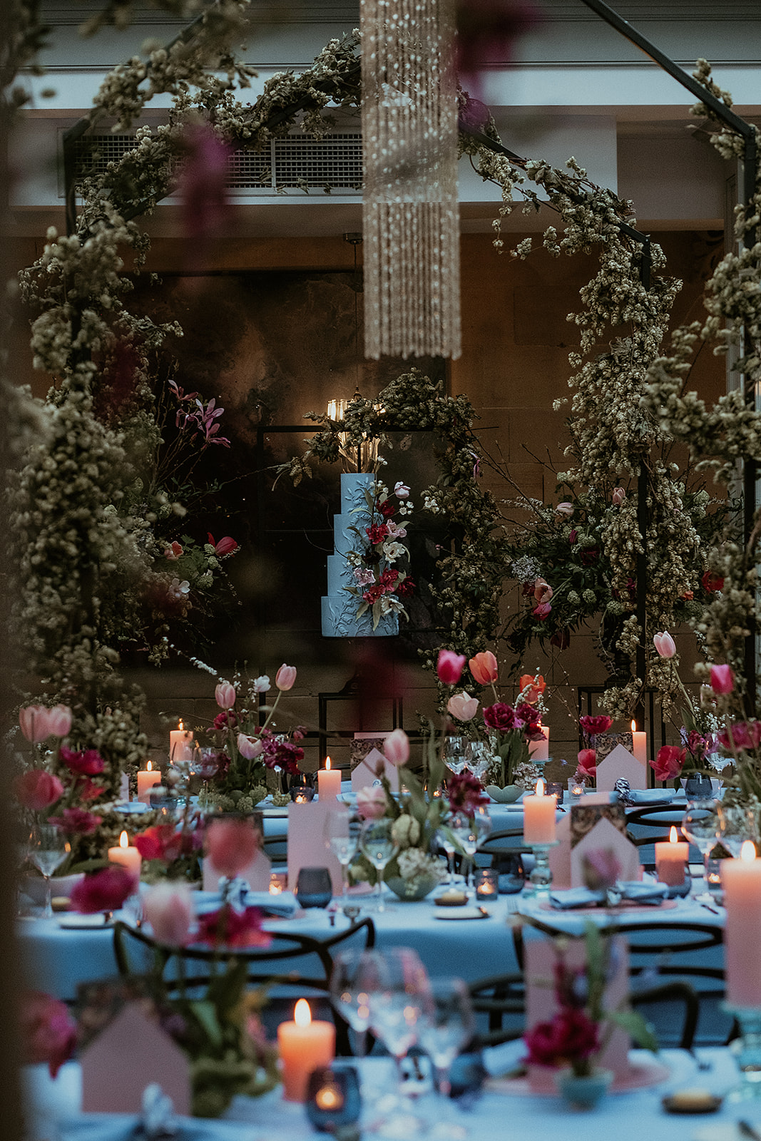 Tablescape of Spring tulips and hops, designed and created by Ava Event Styling at Hampton Manor.