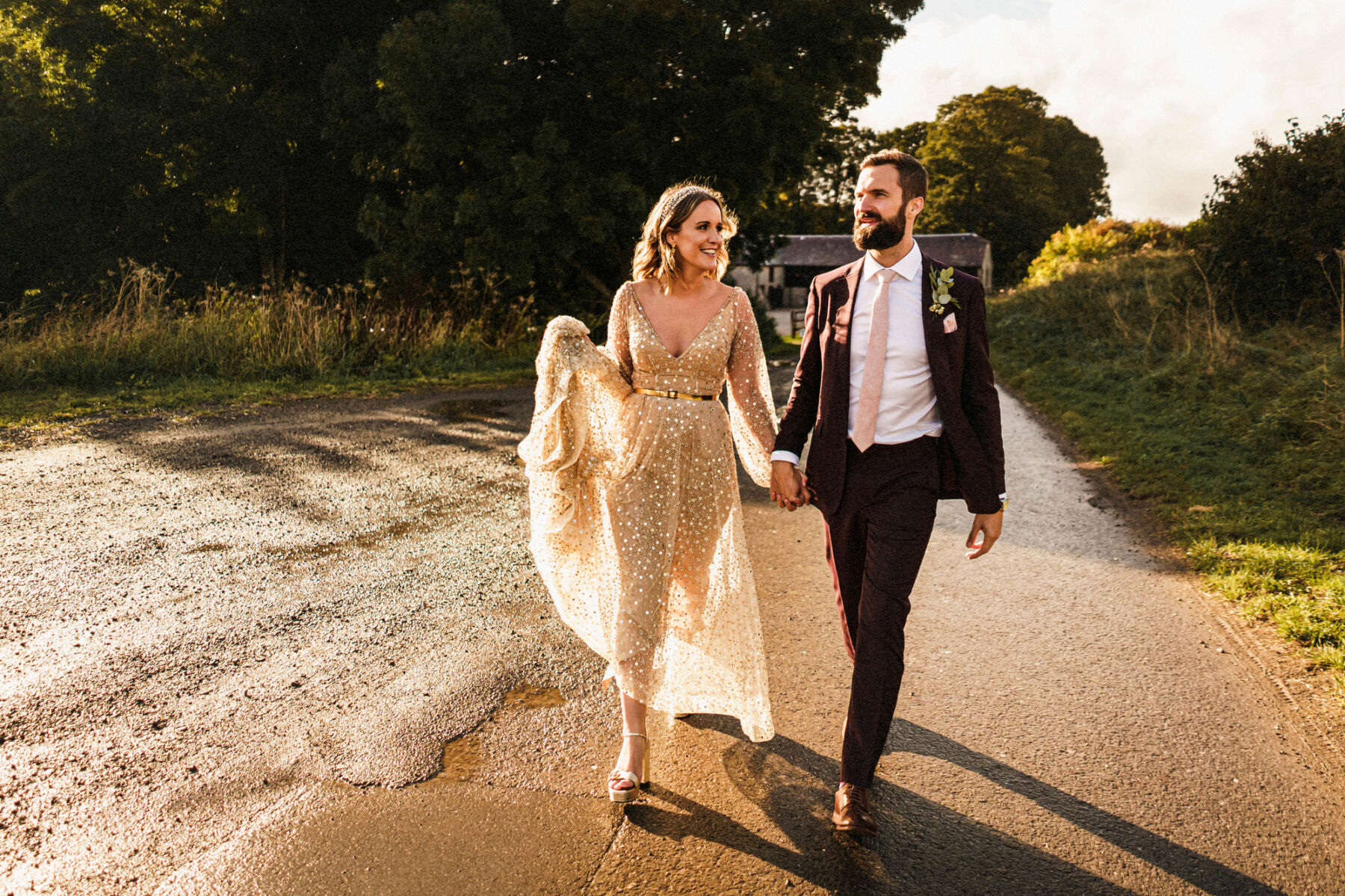 Introducing Claudia Rose Carter: Empowering Women in Business + 50% Savings on Wedding Photography 20 Bride in a gold dress with groom in a burgundy suit and pale pink tie, by Claudia Rose Carter Photography.