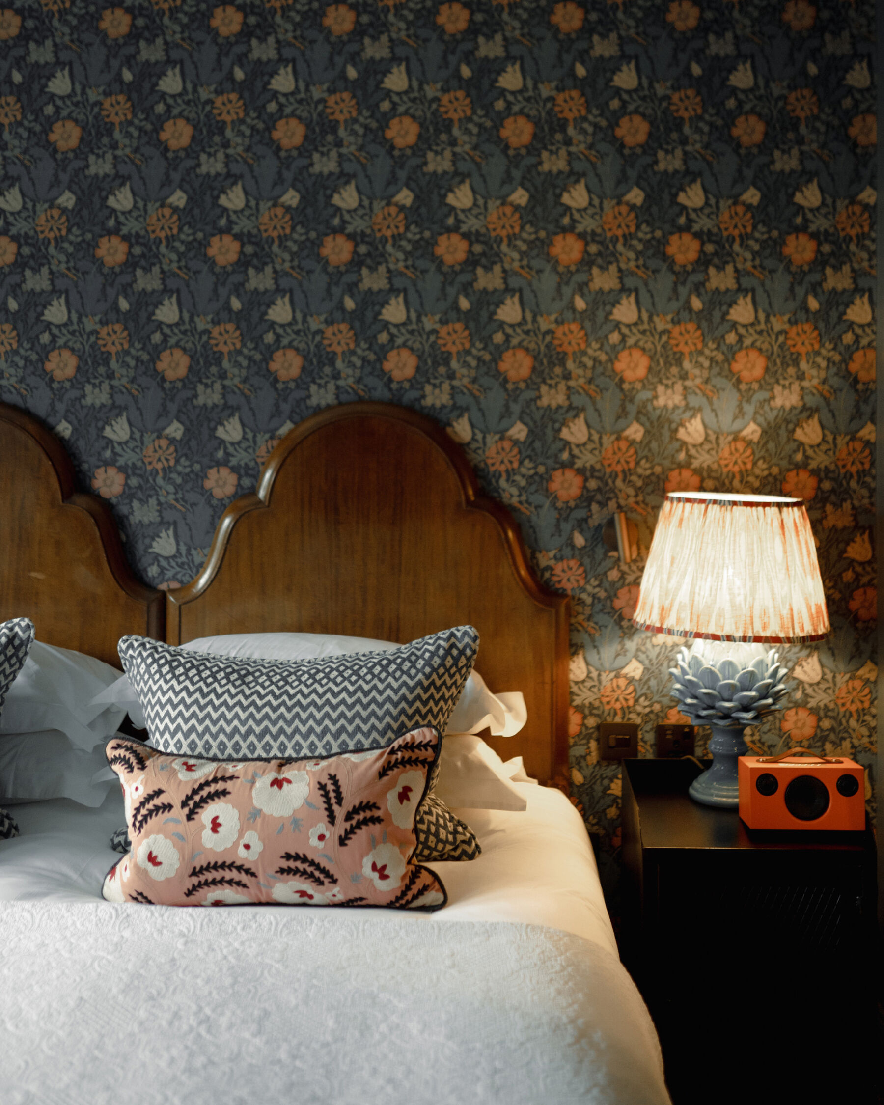 William Morris inspired bedroom decor at Hampton Manor.