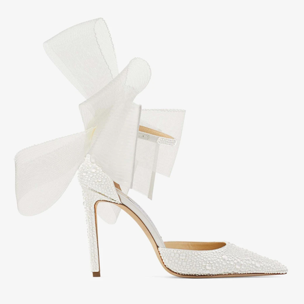 Jimmy Choo Averly 100 Ivory Satin Pumps with Crystals and Mesh Fascinator Bows