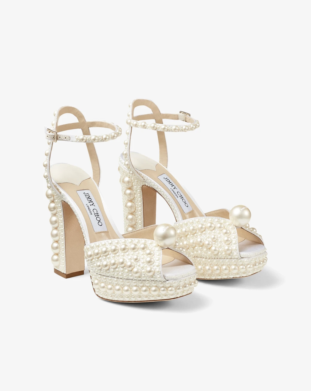 Jimmy Choo Sacaria/PF 120 White Satin Platform Sandals with All-Over Pearl Embellishment
