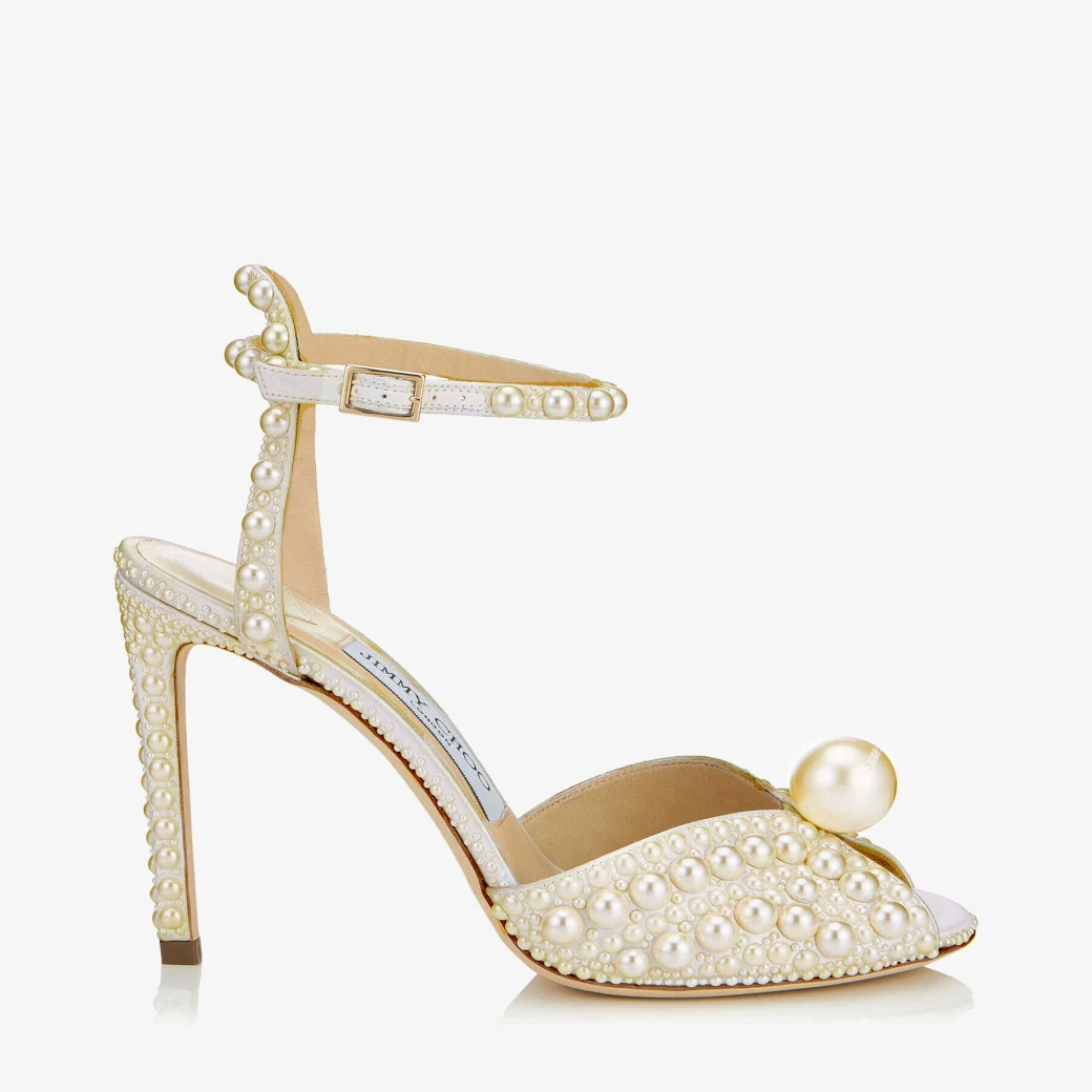 Jimmy Choo Sacora 100 White Satin Sandals with All Over Pearls