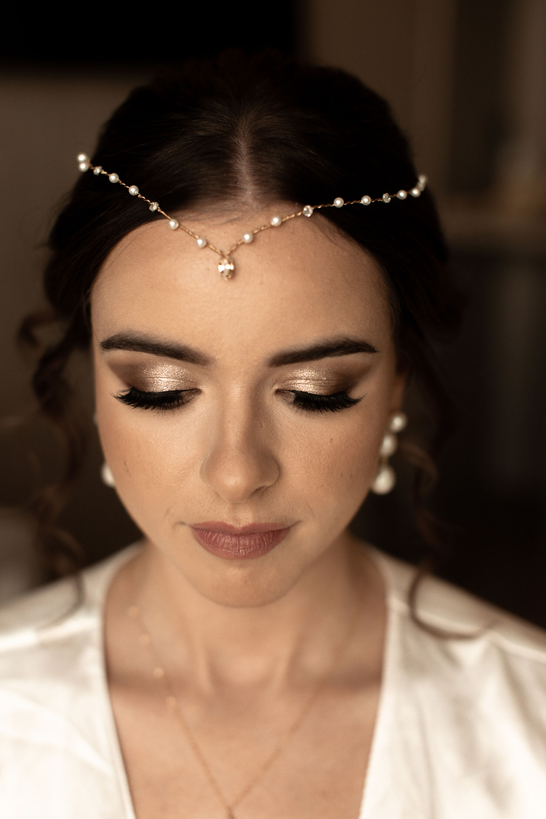 Gold and pearl chain bridal headpiece. 
