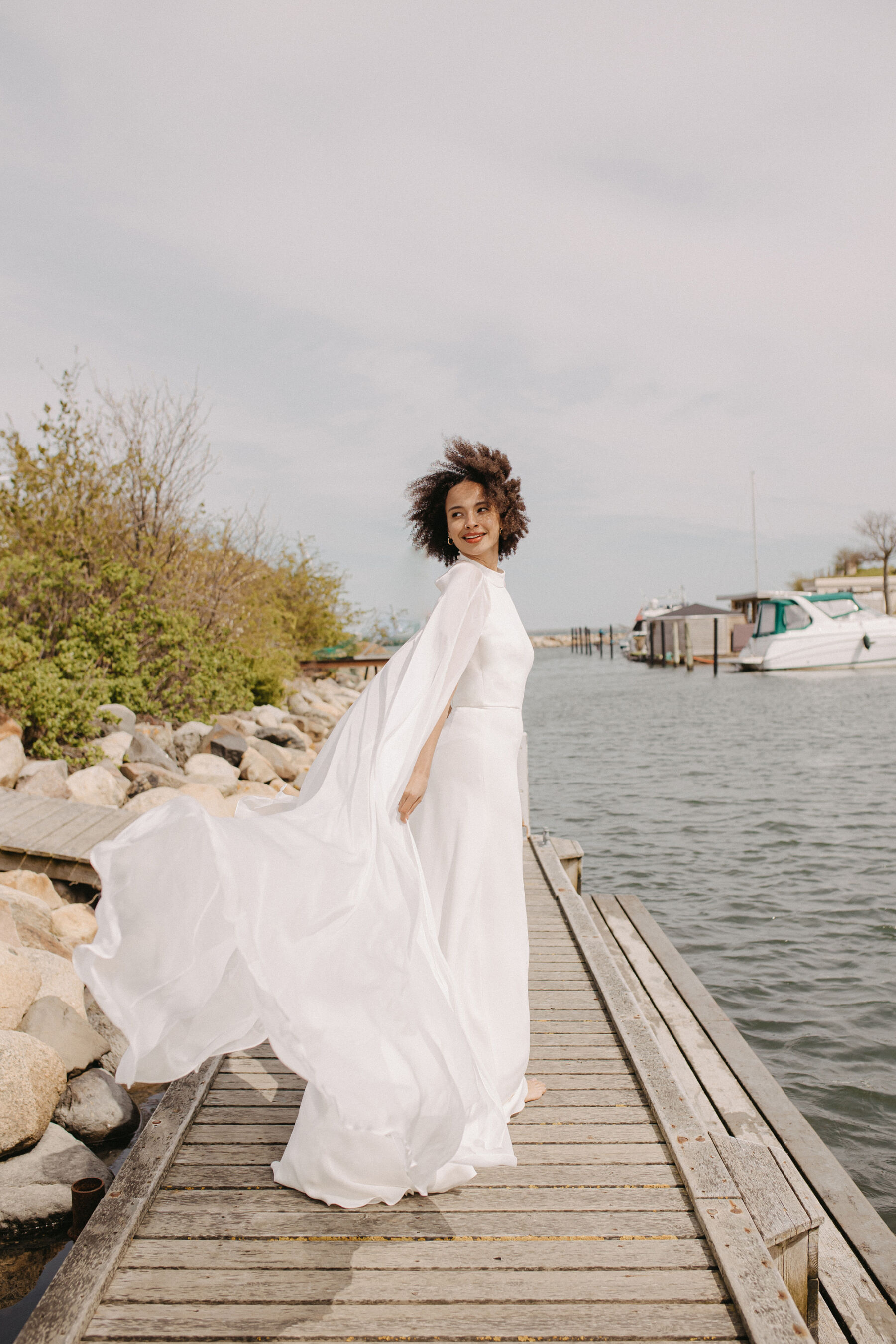 Andrea Hawkes sustainable wedding dress. Biodegradable silk fabrics. Wedding dress with fitted cape.