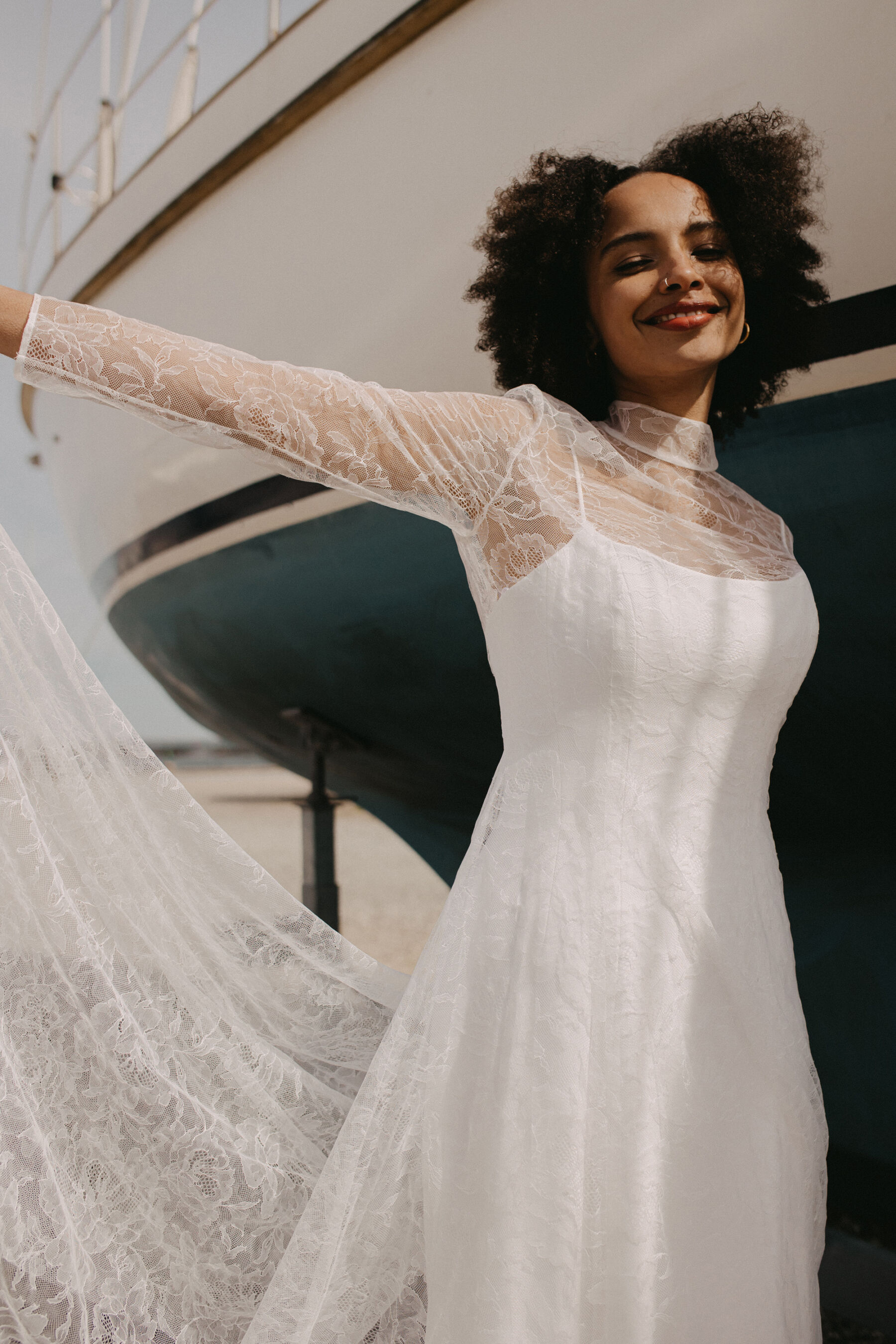 Introducing the PURA Collection of Sustainable Wedding Dresses by Andrea Hawkes, Made in London 15 2 Andrea Hawkes Indigo Leni Coat Pura Collection Sustainable Minimalist Wedding Dresses