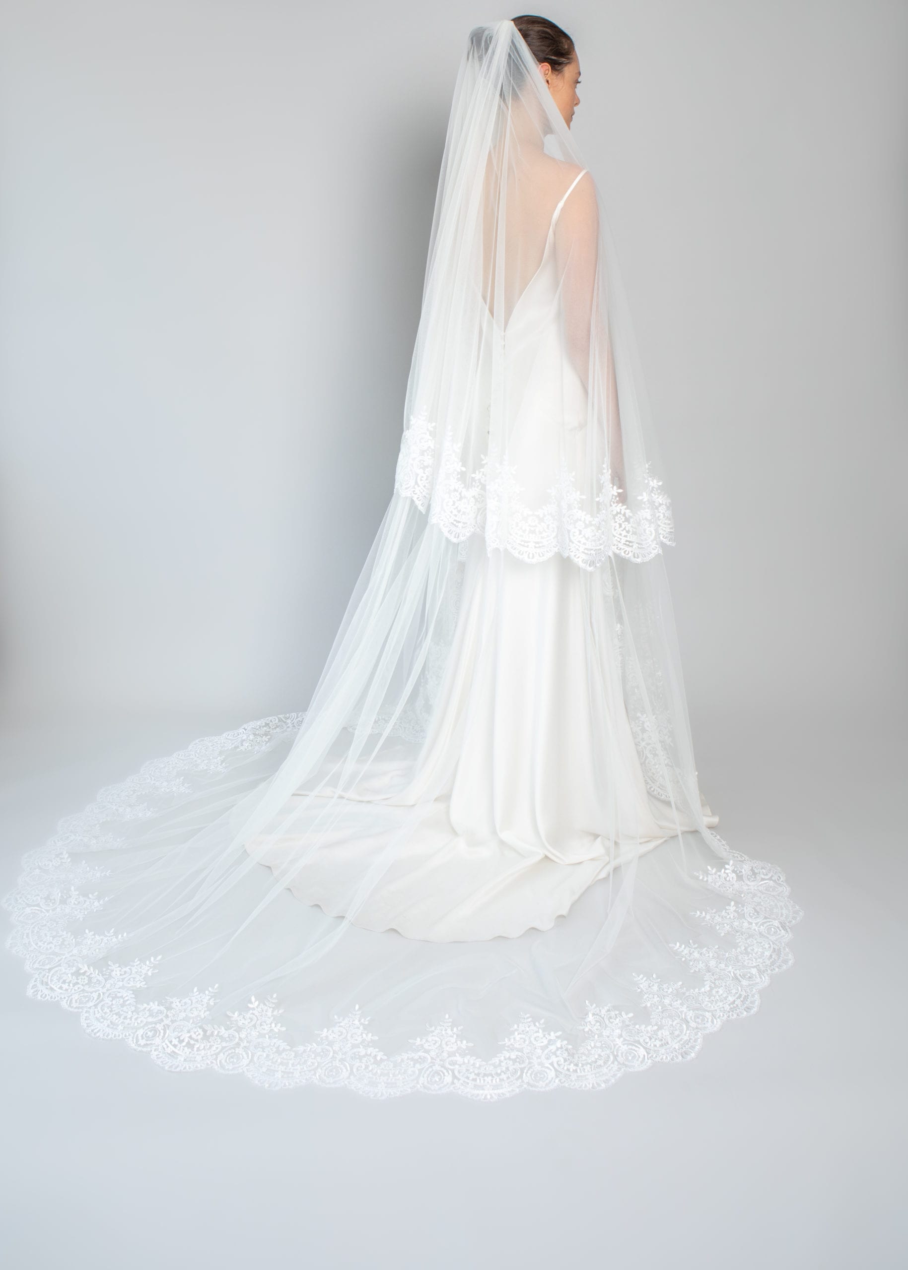 India, two tier veil with French lace trim design