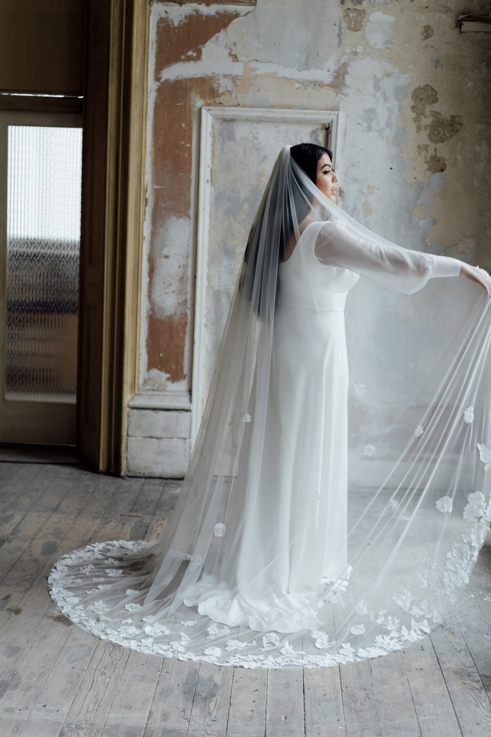 Andrea Hawkes Bridal Meaghan - A 90" Long Lace Single Tier Wedding Veil With Floral Lace Appliqué