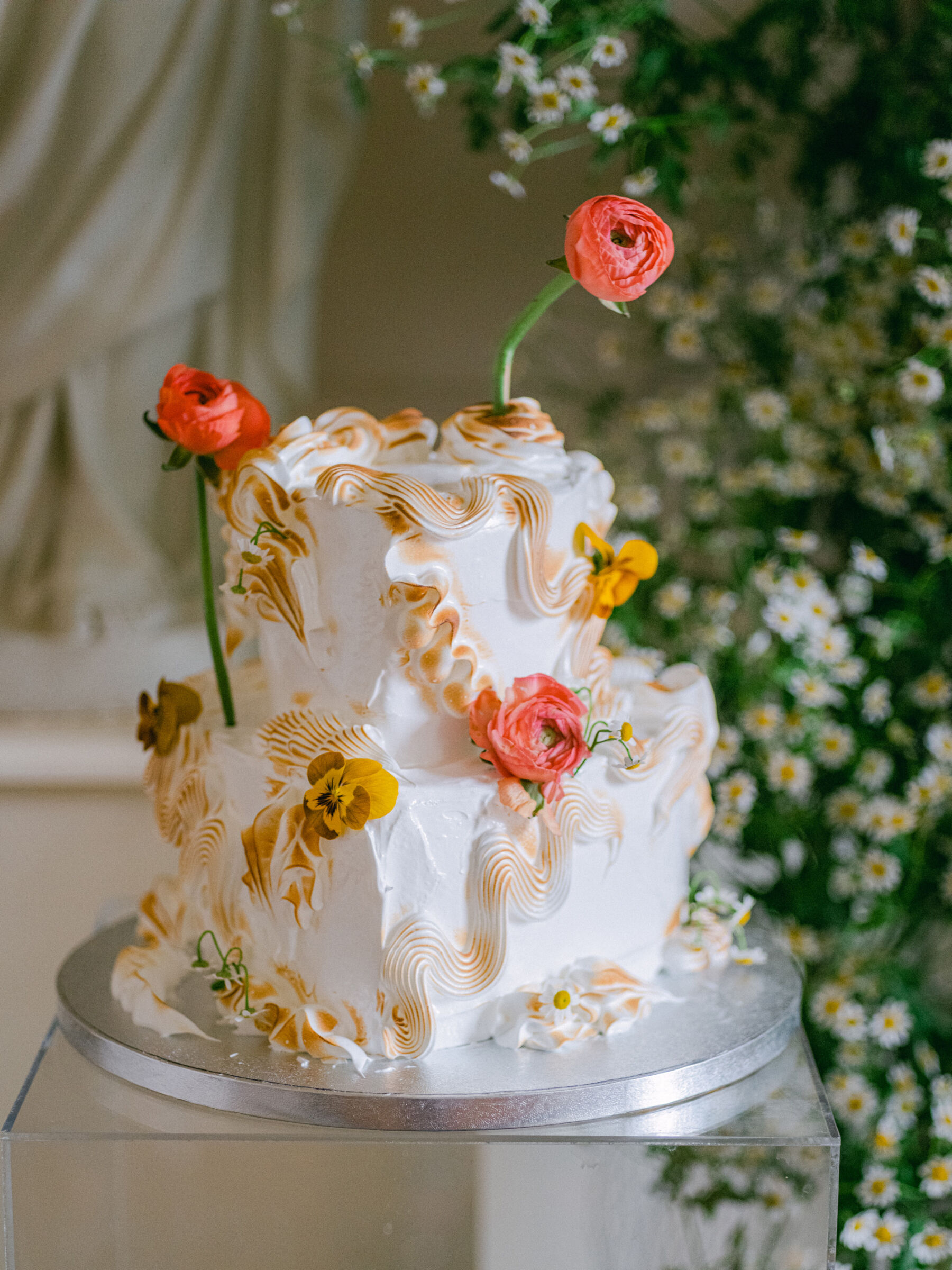 Celebrating Seasonal, British Grown Wedding Flowers With Flower & Fern at Findon Place 7 Meringue Wedding Cake with British grown flowers.