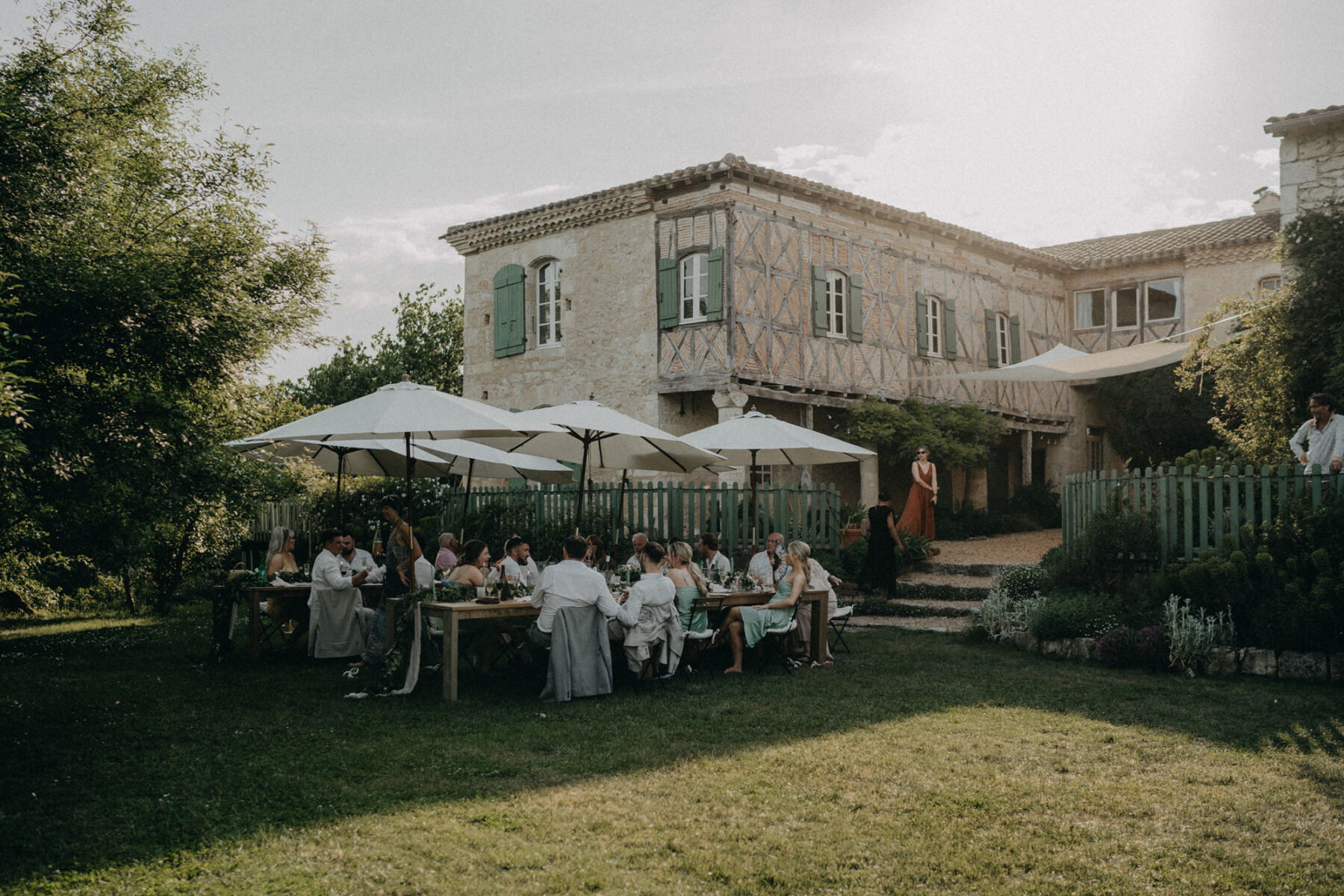 Outdoor wedding reception at a French chateau.