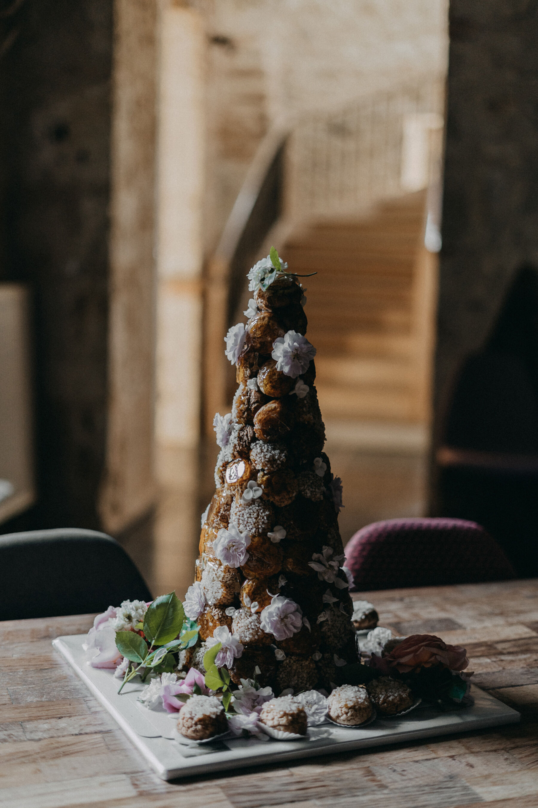 Emily in a Bespoke Halterneck Gown for her Elegant Chateau De Puissantut Wedding in South West France 29 Croquembouche wedding cale