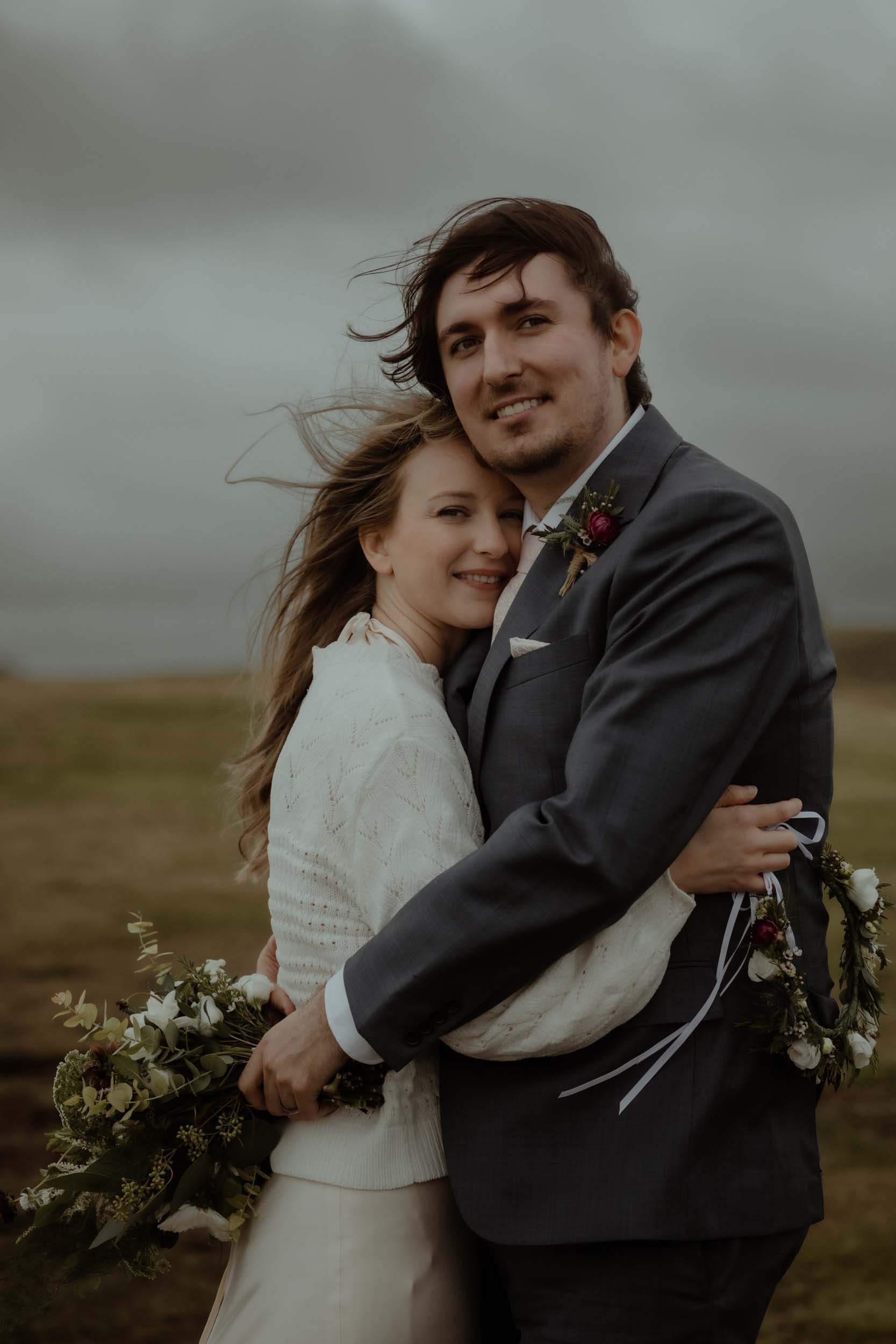 Bride and groom embracing, Edinburgh, elopement