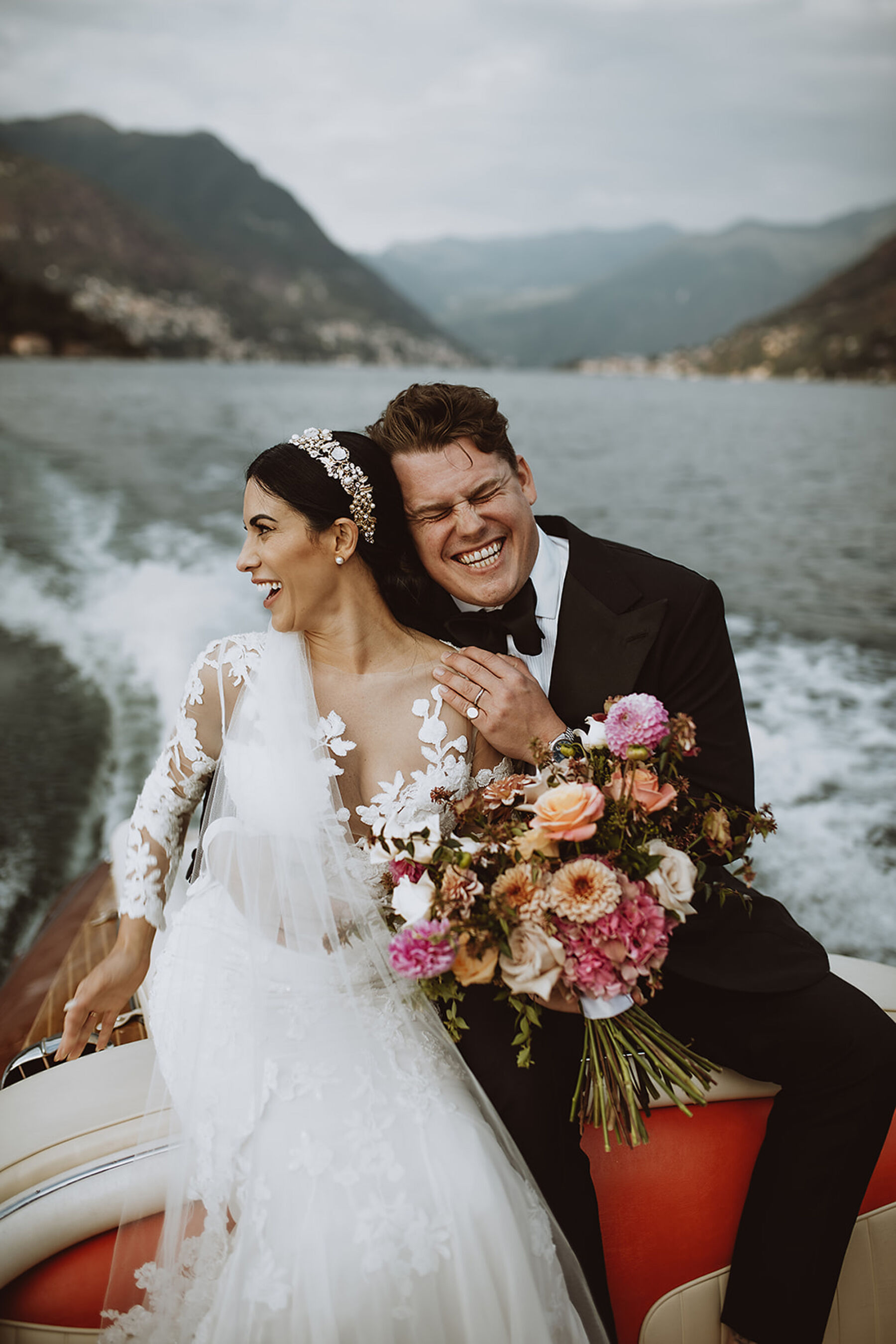 Bride & groom on a speedboat on Lake Como, Italy