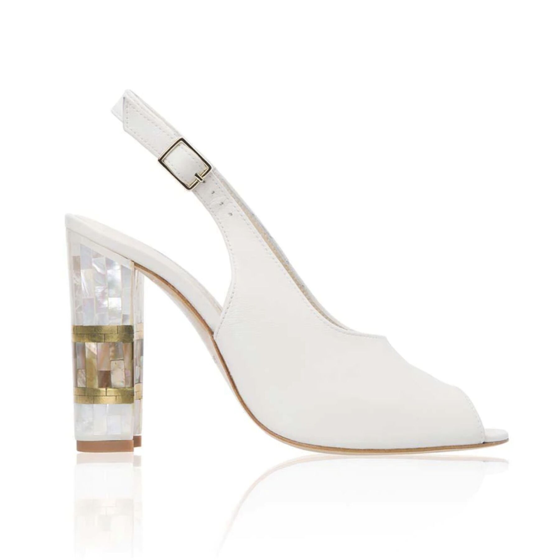 Freya Rose London Zara White Mother of Pearl Heel Open Toe Slingback Block Heel Wedding Shoes