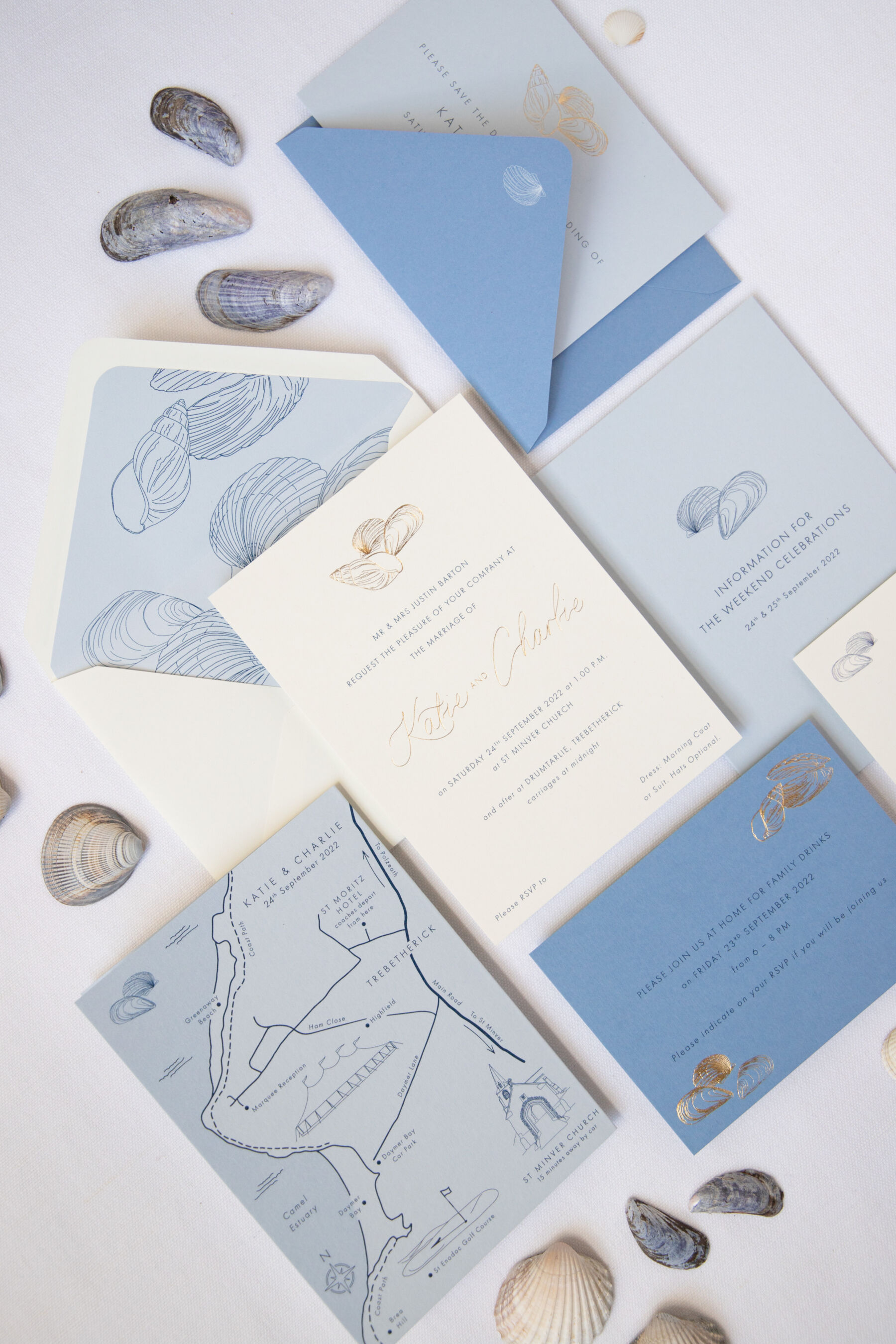 Bespoke wedding invitation suite, with invitation, hand drawn map and lined envelope