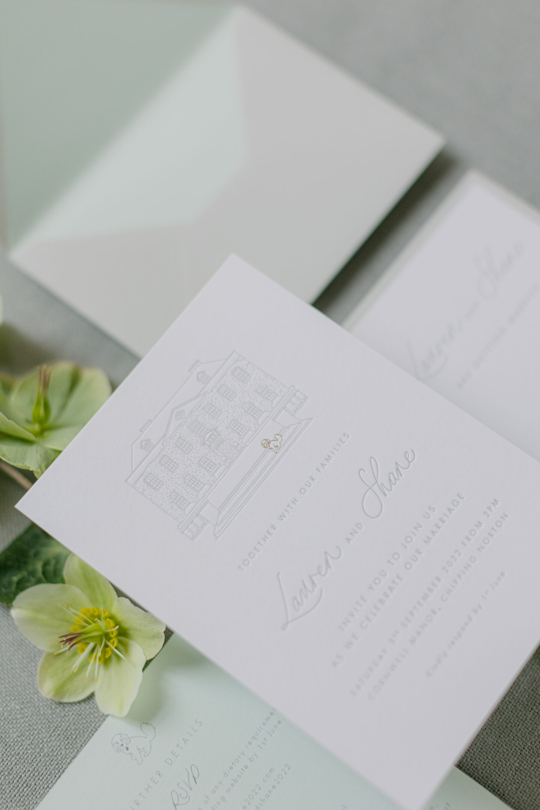 Bespoke letterpress printed wedding invitation suite with a venue illustration and pet illustration.