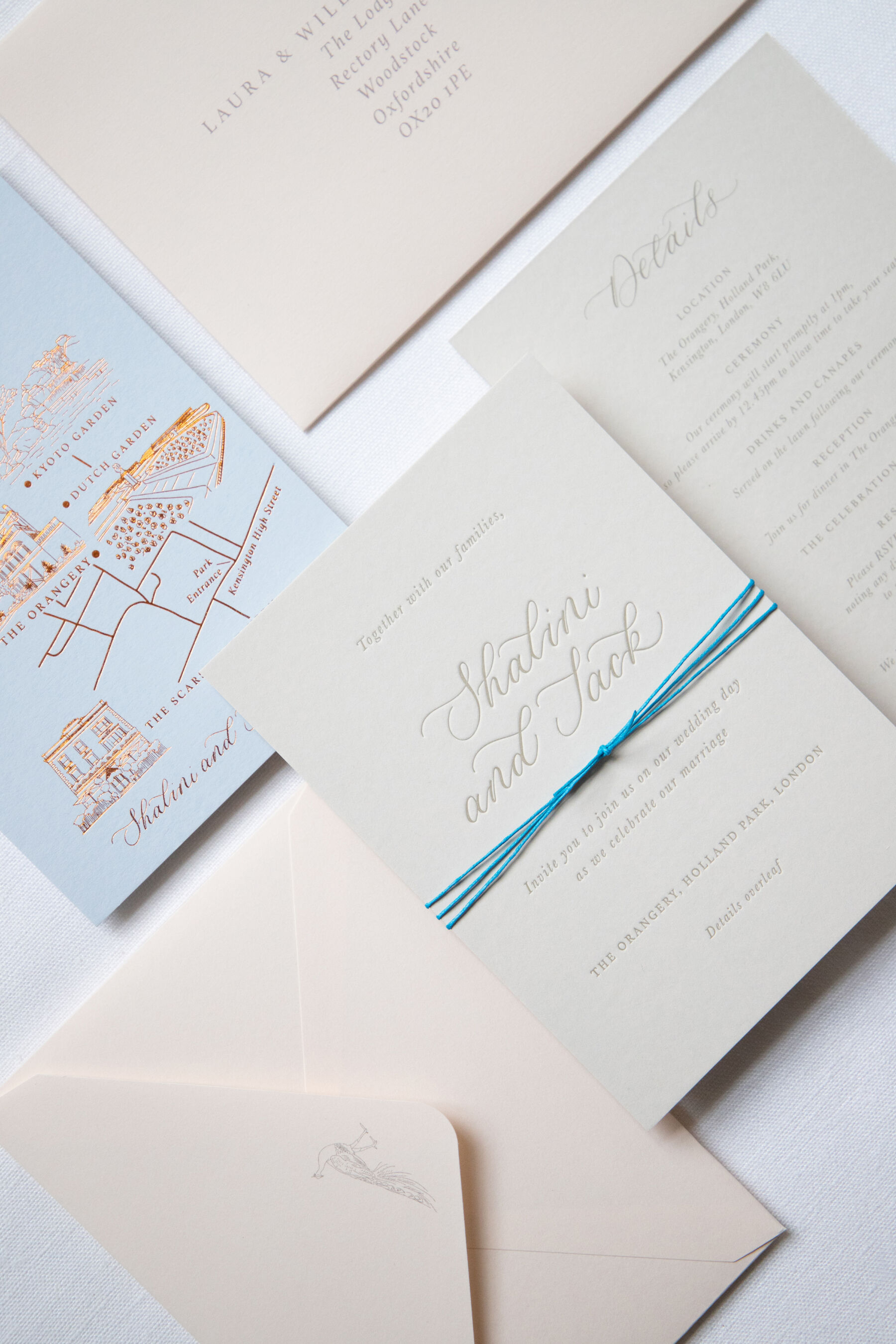 Bespoke letterpress printed wedding invitations, with a hand-drawn map of the gardens at Holland Park.