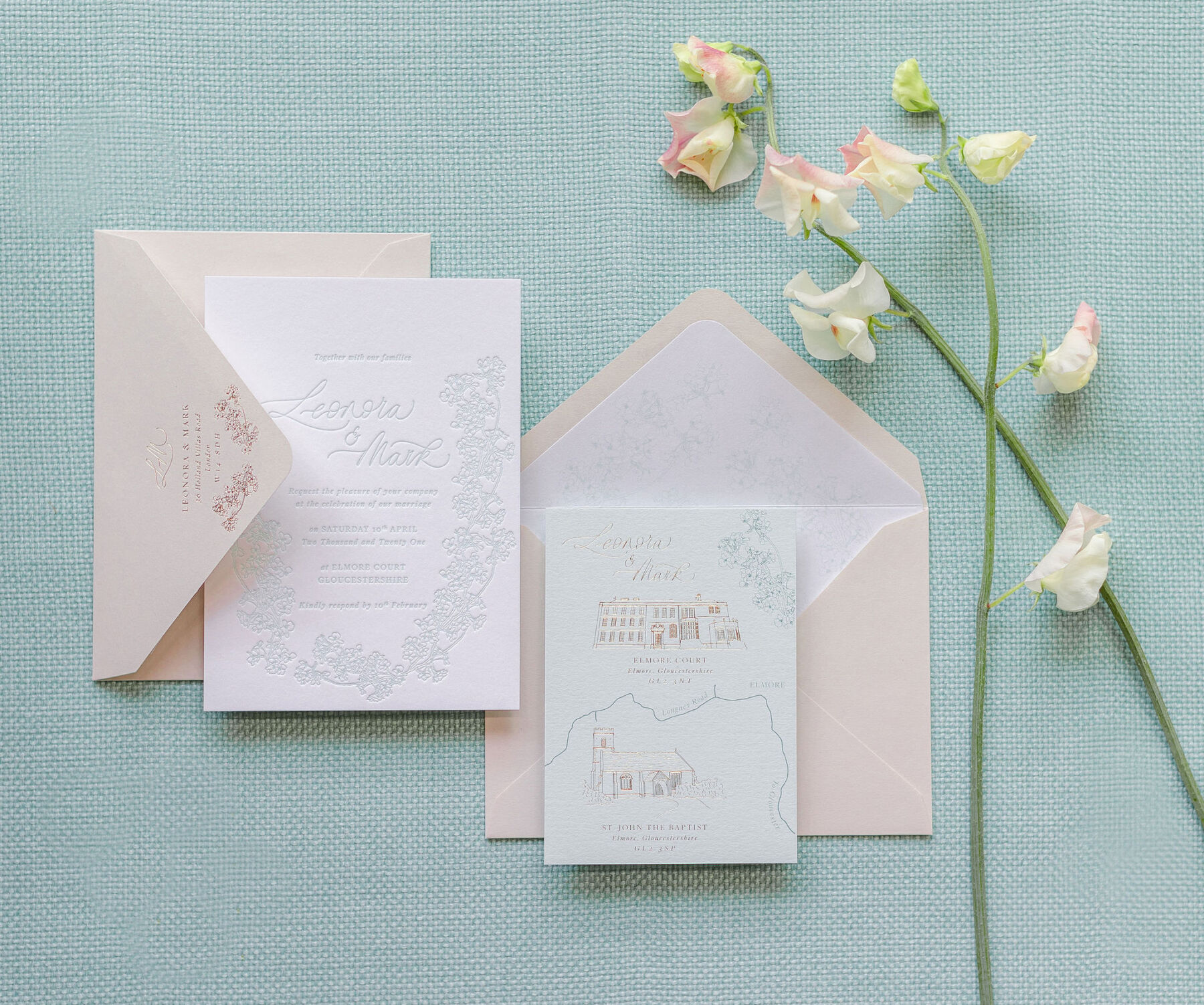 Bespoke wedding invitation suite with invitation card, hand drawn map and envelope liner.