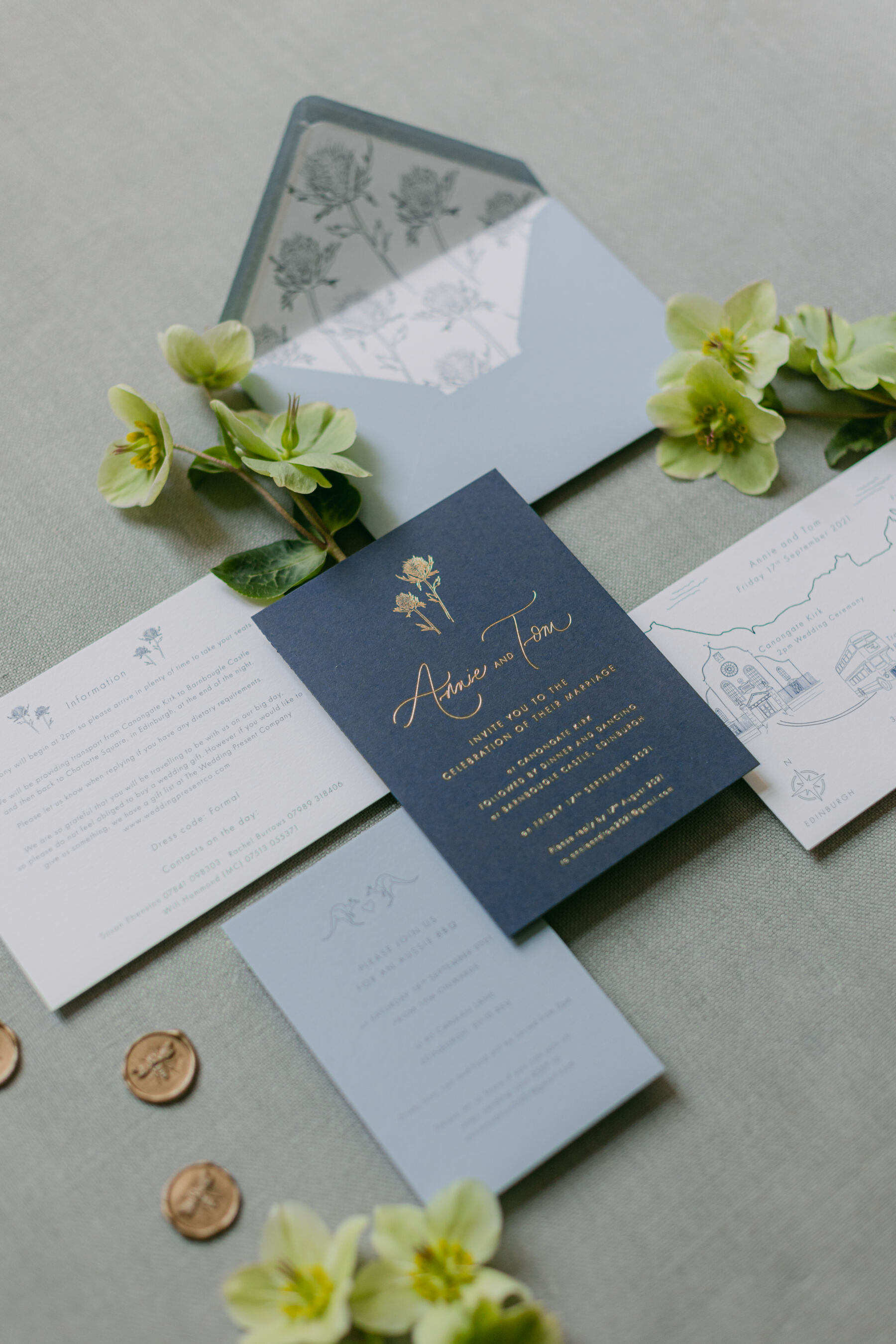 Bespoke wedding invitation suite with map and additional insert cards.